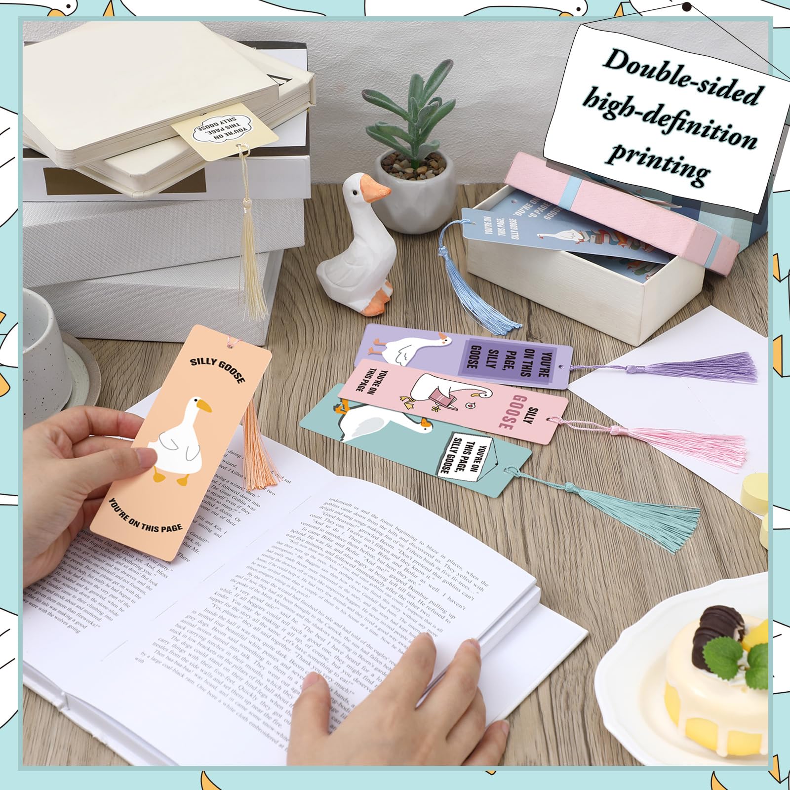 24 Stück Silly Goose Lesezeichen mit Quasten, lustige Gänse-Lesezeichen, Lesezubehör, Geschenke für Buchliebhaber, Schulbuch, Geschenke, 6 Stile
