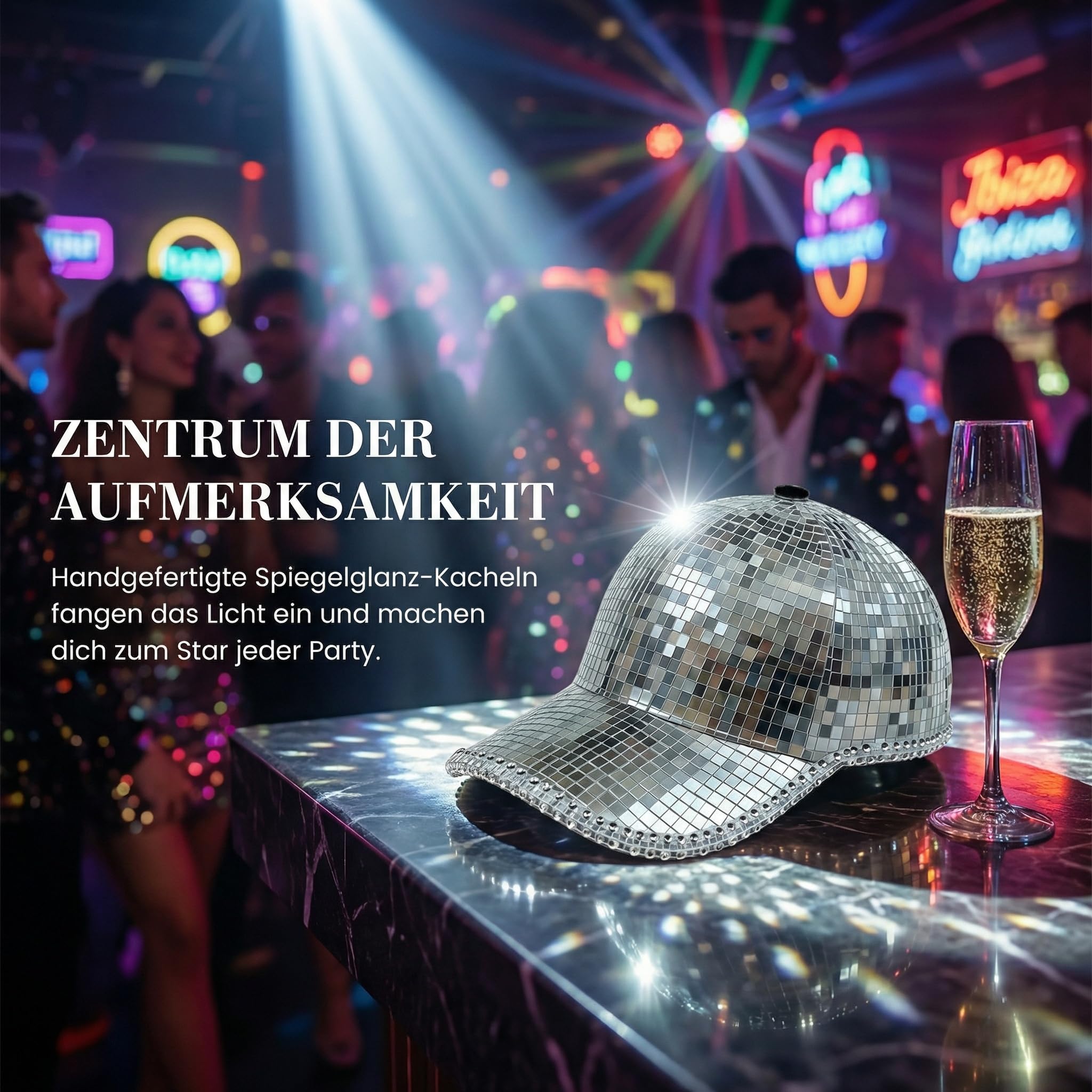 Faschingshut Damen mit starker Lichtreflexion für Karneval & Mottopartys, Pailletten Hut Damen mit Glaseinsätzen zur Lichtreflexion, Glitzer Hut Herren perfekt für Bars & Nachtclubs zum Hervorstechen