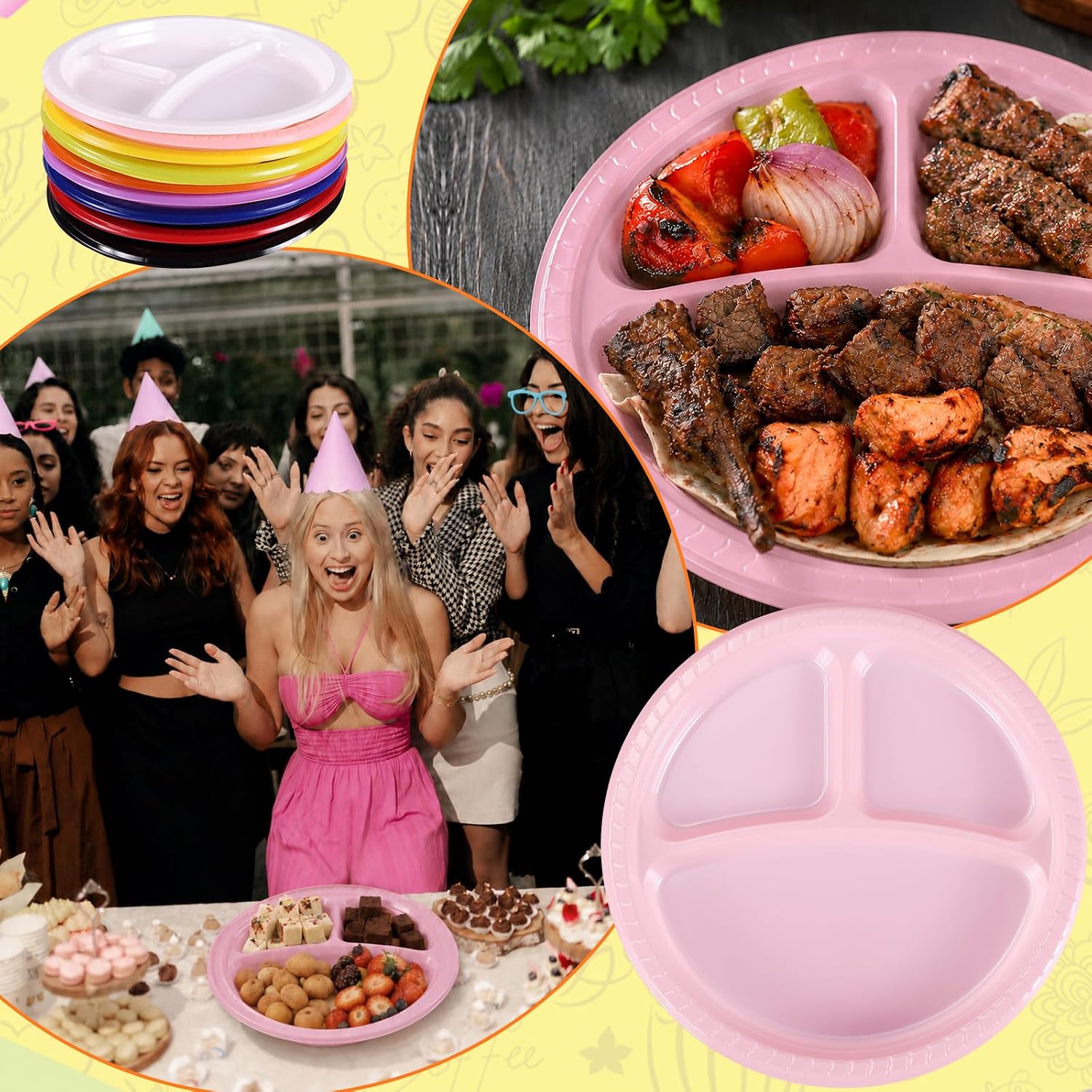 24 Pack Plastic 3 Compartment Divided Plates - 9.8 Inch Sectioned Dinnerware Heavy Disposable Plates Duty Round Dinner Plates for Camping, BBQ, Wedding, Birthday Party Dinnerware (Pink) image 5