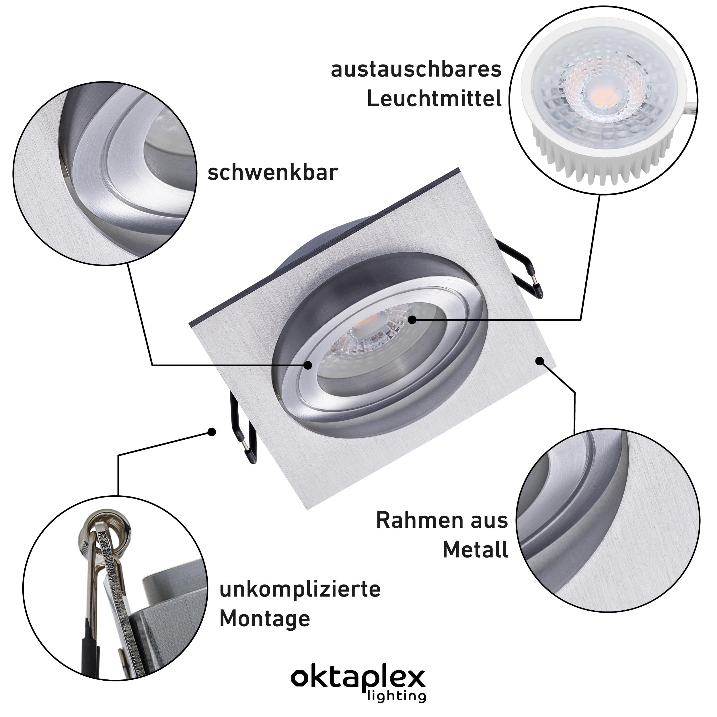 Oktaplex 3 Set di faretti da incasso con modulo LED Lyon orientabile 4,8W 3000K 230V 380lm Bianco caldo Alluminio Spot quadrato da soffitto Diametro incasso 80mm