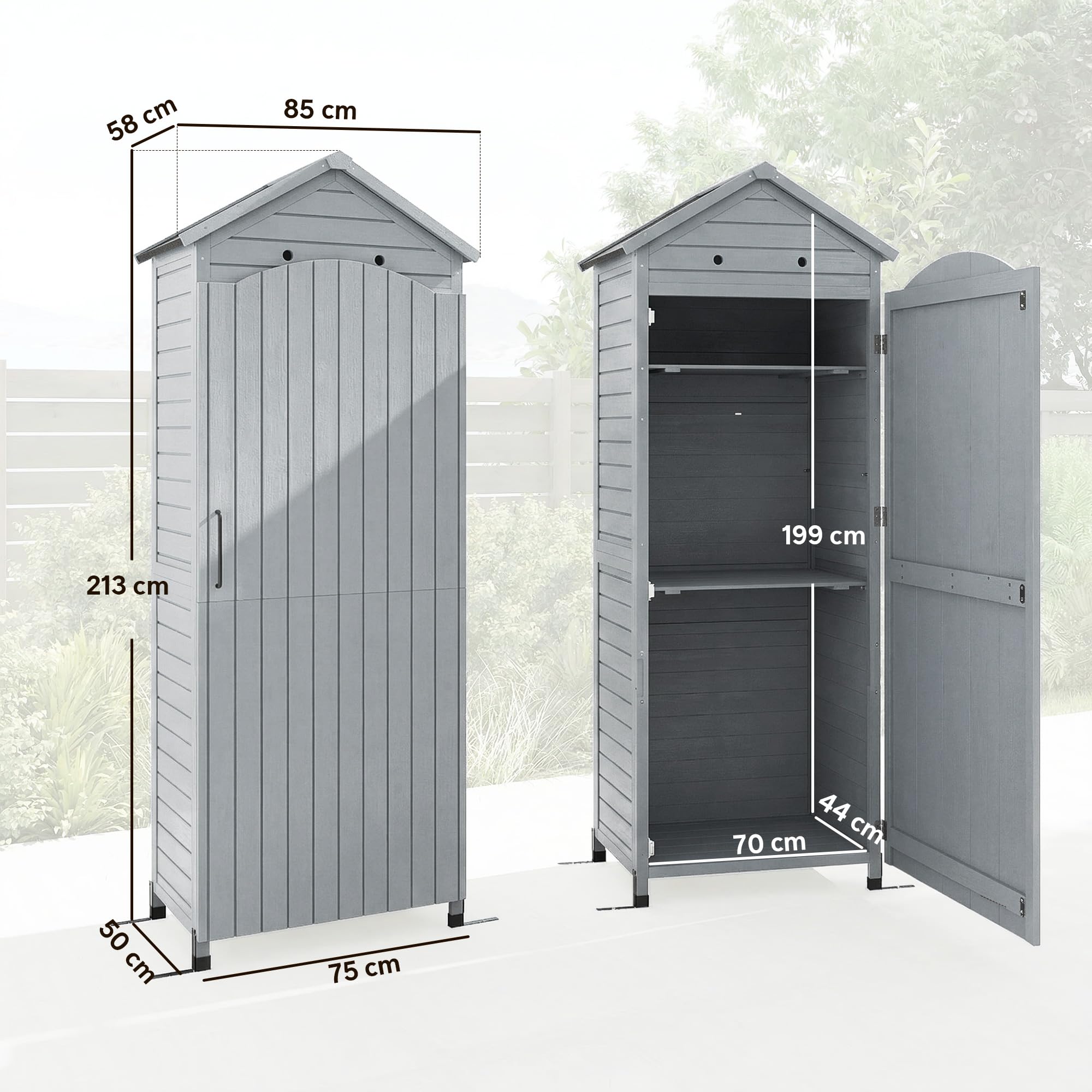 Outsunny Armadio extra alto rimessa attrezzi 85x58x213cm Grigio | Ripiano regolabile, porta magnetica, tetto zincato, ventilazione, anti-ribaltamento, casetta per terrazzo e giardino
