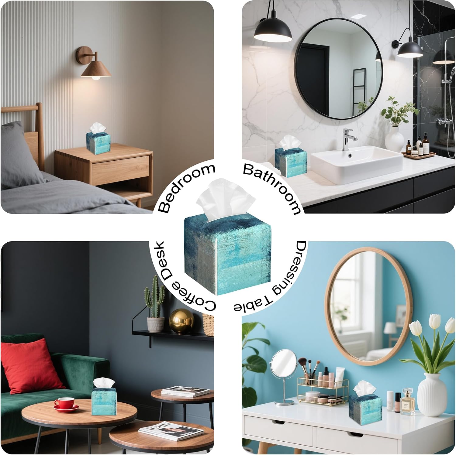 Abstract Turquoise Grey Art Tissue Box Cover,PU Leather Tissue Box Holder Square,Modern Home Decoration for Bathroom Living Room Kitchen Office Car,5.2"×5.2"×5.2"