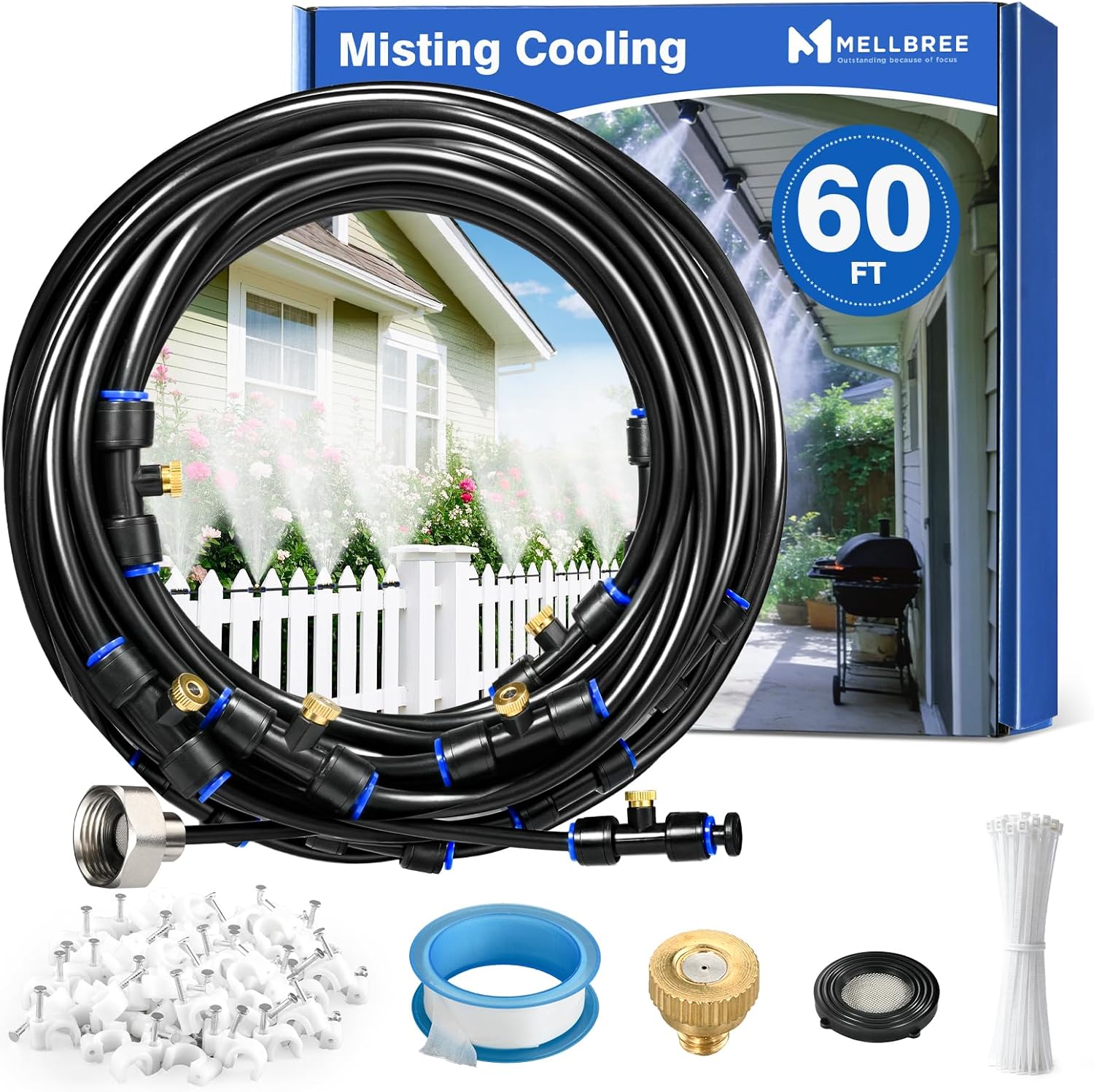 Mellbree Misters for Outside Patio 60FT/18M, Pre-Assembled Misting Cooling System with 19 Brass Nozzles & 3/4" Adapter, Outdoor Mister for Garden, Backyard, Pool, Greenhouse, Play Area, Trampoline