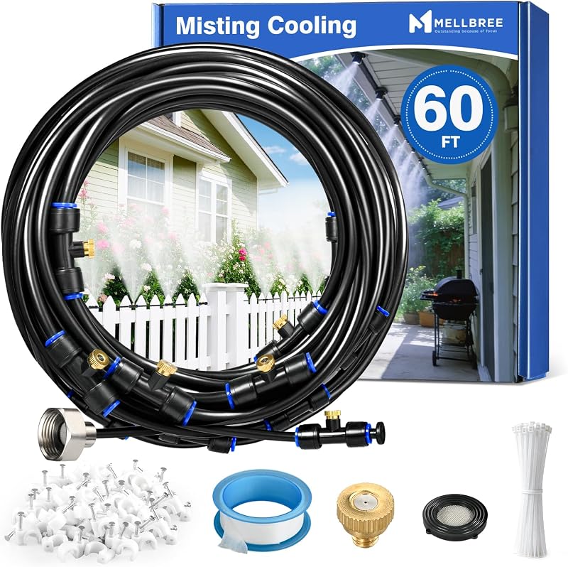 Misters for Outside Patio 60FT/18M, Pre-Assembled Misting Cooling System with 19 Brass Nozzles & 3/4" Adapter, Outdoor Mister for Garden, Backyard, Pool, Greenhouse, Play Area, Trampoline