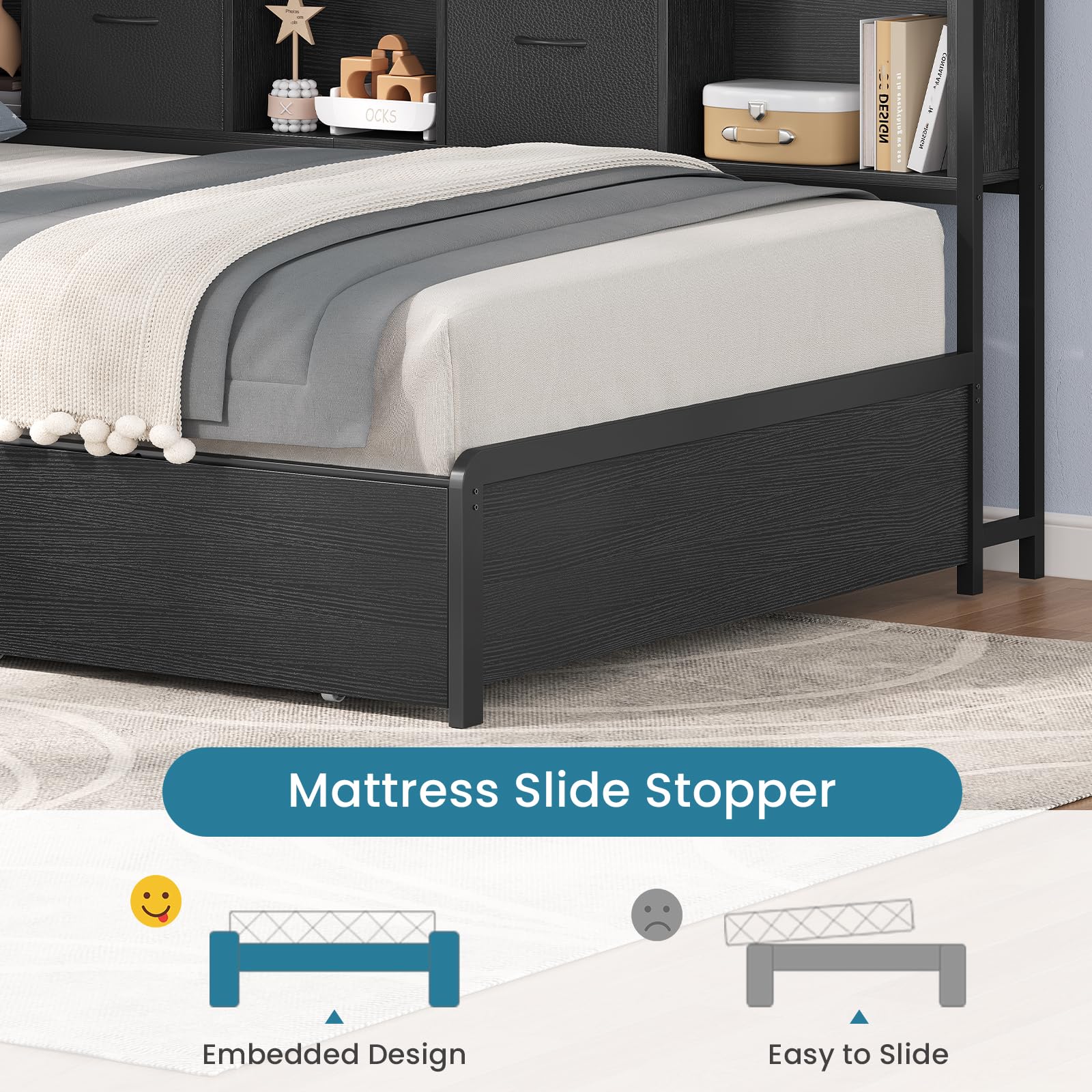 Struttura Letto Angolare Con Contenitore,Divano Letto Con Testiera Imbottita E Stazione Di Ricarica,Letto a LED 90 X 190 Cm Con 2 Cassetti E Libreria,Struttura Letto Angolare Mental,Grigio