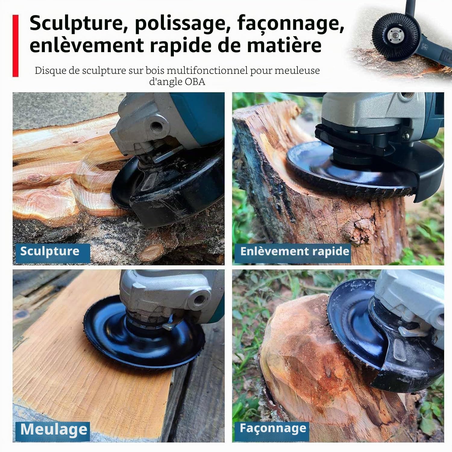OBA Disque Bois Meuleuse 125mm, 3 Pièces Disques de Meulage pour Façonner, Meuler et Sculpture, Roues pour Meuleuse d'angle