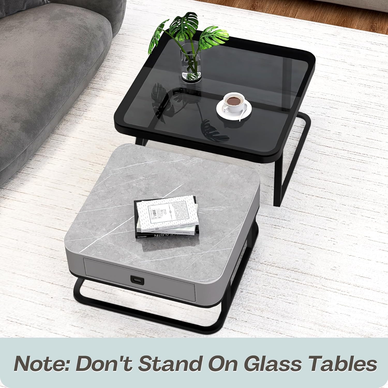 Square Coffee Table Set of 2, Nesting Table End Table, Modern Side Table for Living Room, Office, Bedroom, Grey
