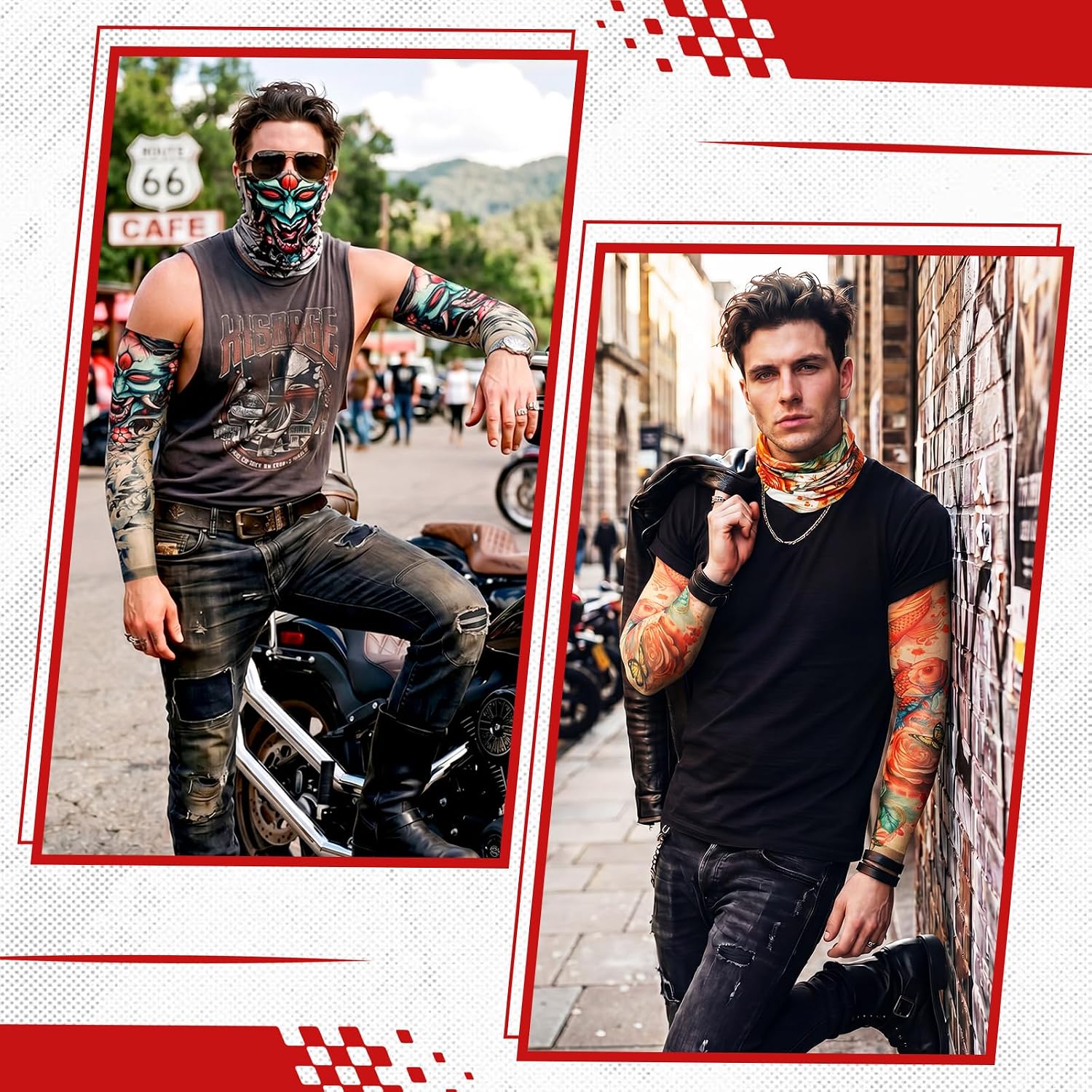 Fourluoo 4 Set Tattoo Arm Sleeves Neck Gaiter Ice Silk UV Cooling Summer | Face Scarf Included, UV Protection for Outdoor Cycling Fishing, Ice Silk Fabric Keeps Cool in Summer Activities