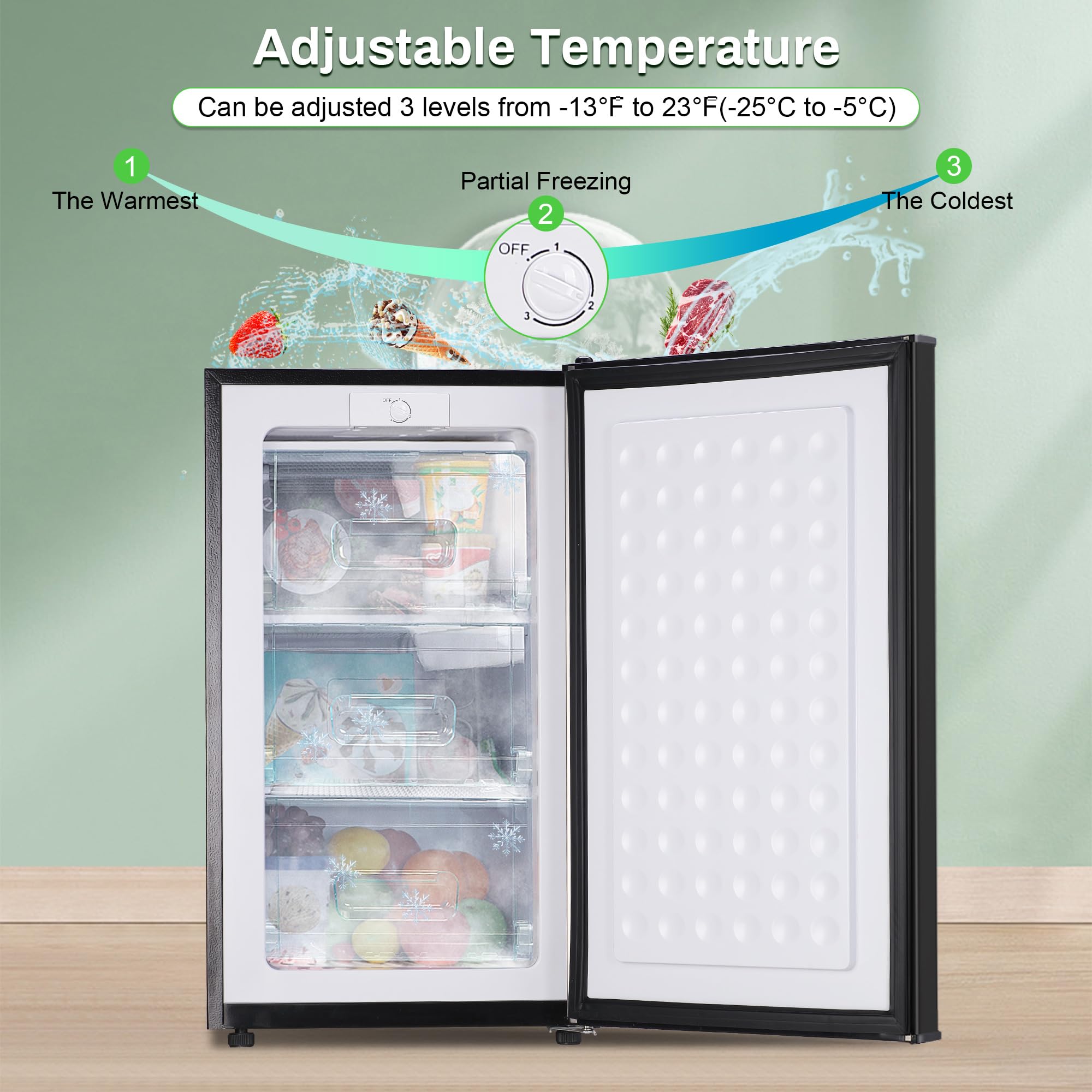 Maine Mini Upright Freezer, 3.6 Cubic Feet, Single Door Compact Freezer With Reversible Stainless Steel Door, 3-Speed Temperature Adjustment Small Freezer For Home/Dorms on Fridge.com - View 2