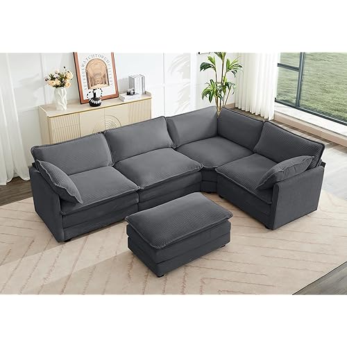 ROWHY 113'' Modular Sectional Cloud Couch, 5 Seater Corner Sofa Big Comfy Corduroy Oversized L Shaped Couch with 2 Pillows, Ottoman, Deep Seat Sectional Couches for Living Room Office, Dark Grey