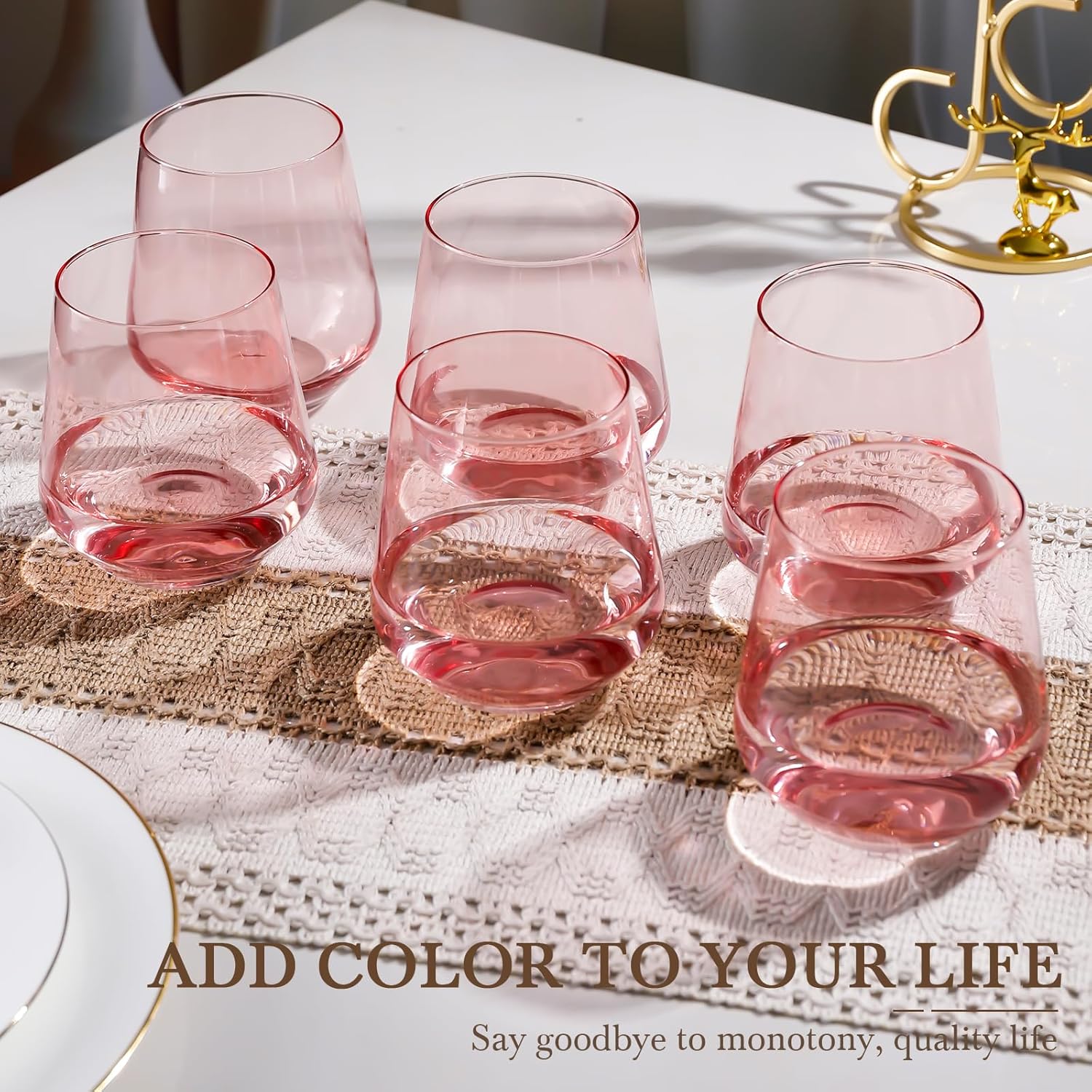 Pink Stemless Wine Glasses Set of 6 - Pink Stemless Drinking Glasses 17oz,Blush Stemless Glassware for Beverages and Wine - Set for Holiday Home and Bar Use New Year Gifts - Image 6