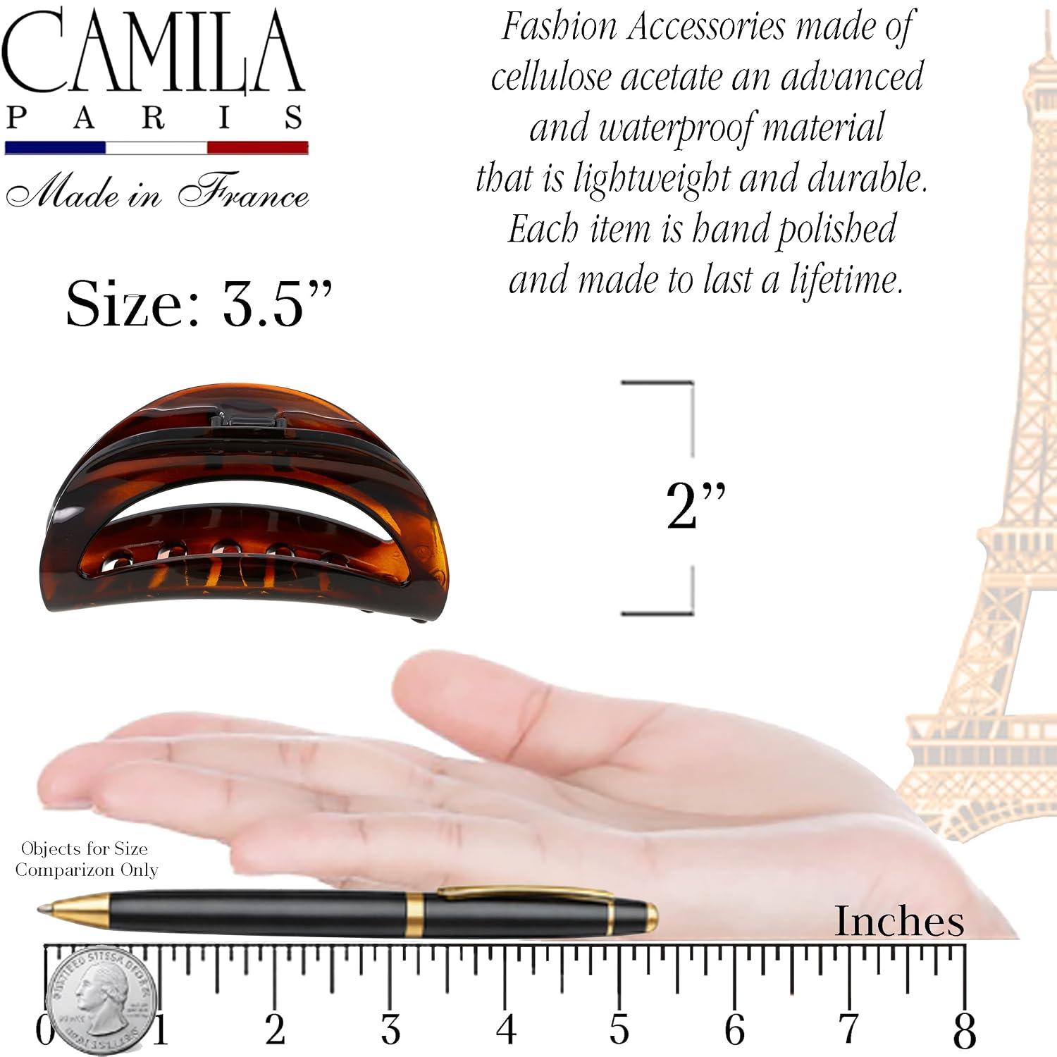 Camila Paris CP1561 French Hair Clip for Women Thick Hair for Long Curly Wavy Hair, Girls Hair Claw Clips Jaw, Durable Styling Big Claw Clip for Thick Hair, Strong Hold No Slip Grip, Made in France