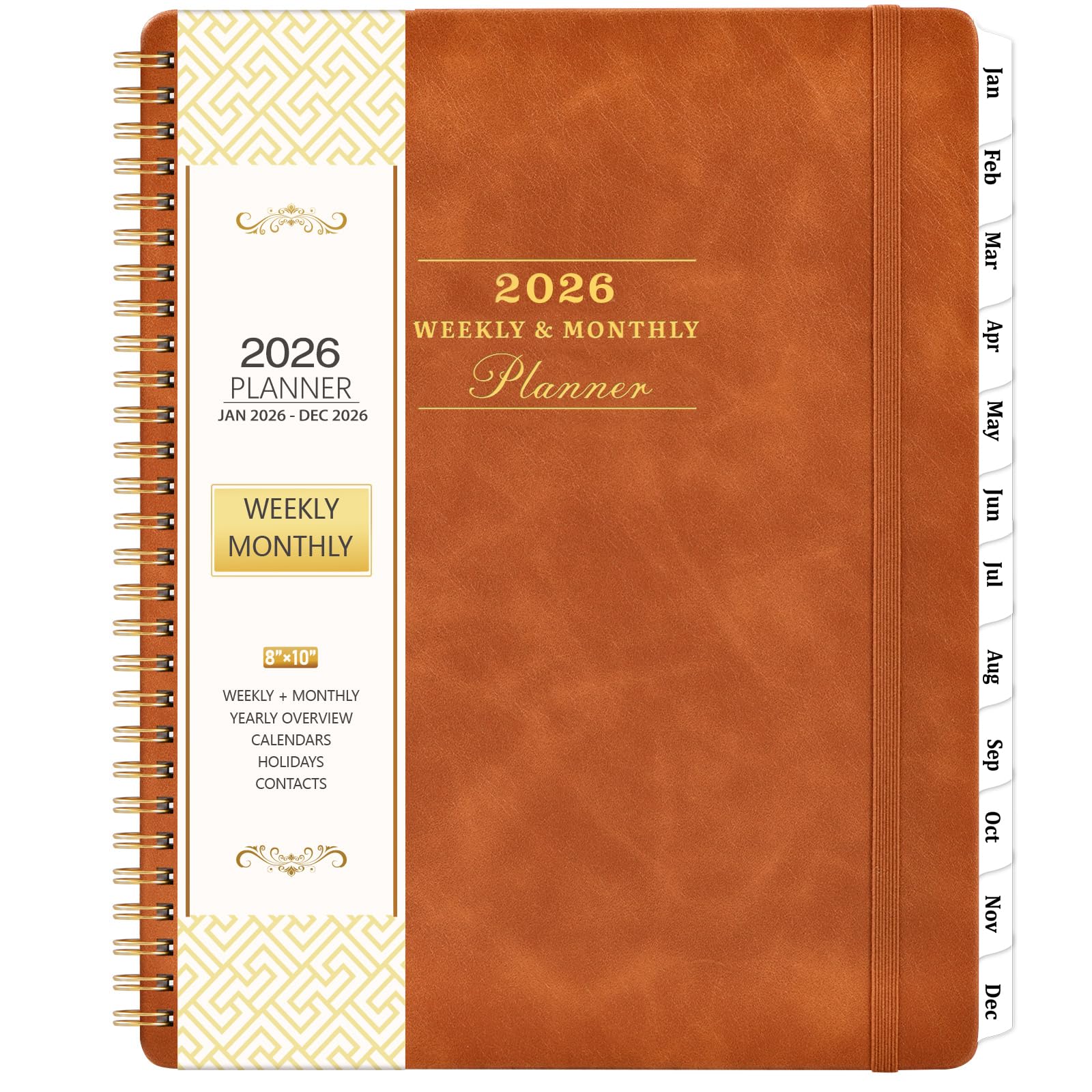 2026 Planner - January 2026 - December 2026, 2026 Weekly Monthly Planner, 8" x 10", Leather Brown Cover, Spiral Bound, Tabs