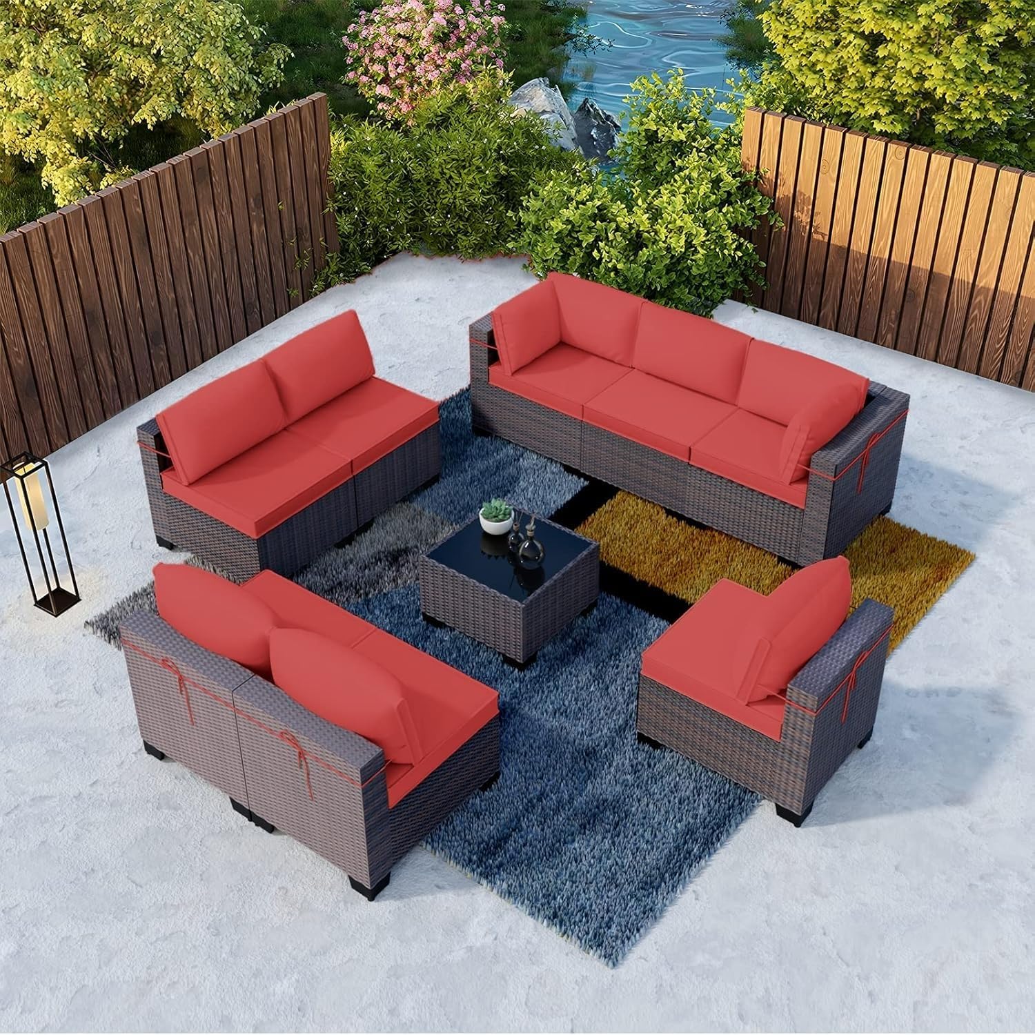 9 Pieces Outdoor Patio Furniture Set Brown Rattan Sectional Sofa with Manual Wicker, Cushions and Covers, Tempered Glass Tea Table Patio Conversation Set for Backyard Garden Lounge(Red)