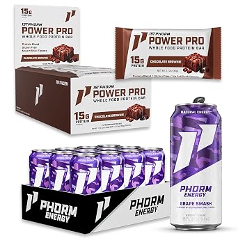Phorm Energy Drink, Grape Smash Flavor, 200MG Natural Caffeine From Green Tea, Sugar Free 12 Pk + 1st Phorm Protein Bar, Chocolate Brownie, 15G Whole Food Protein, Gluten Free 15 Count