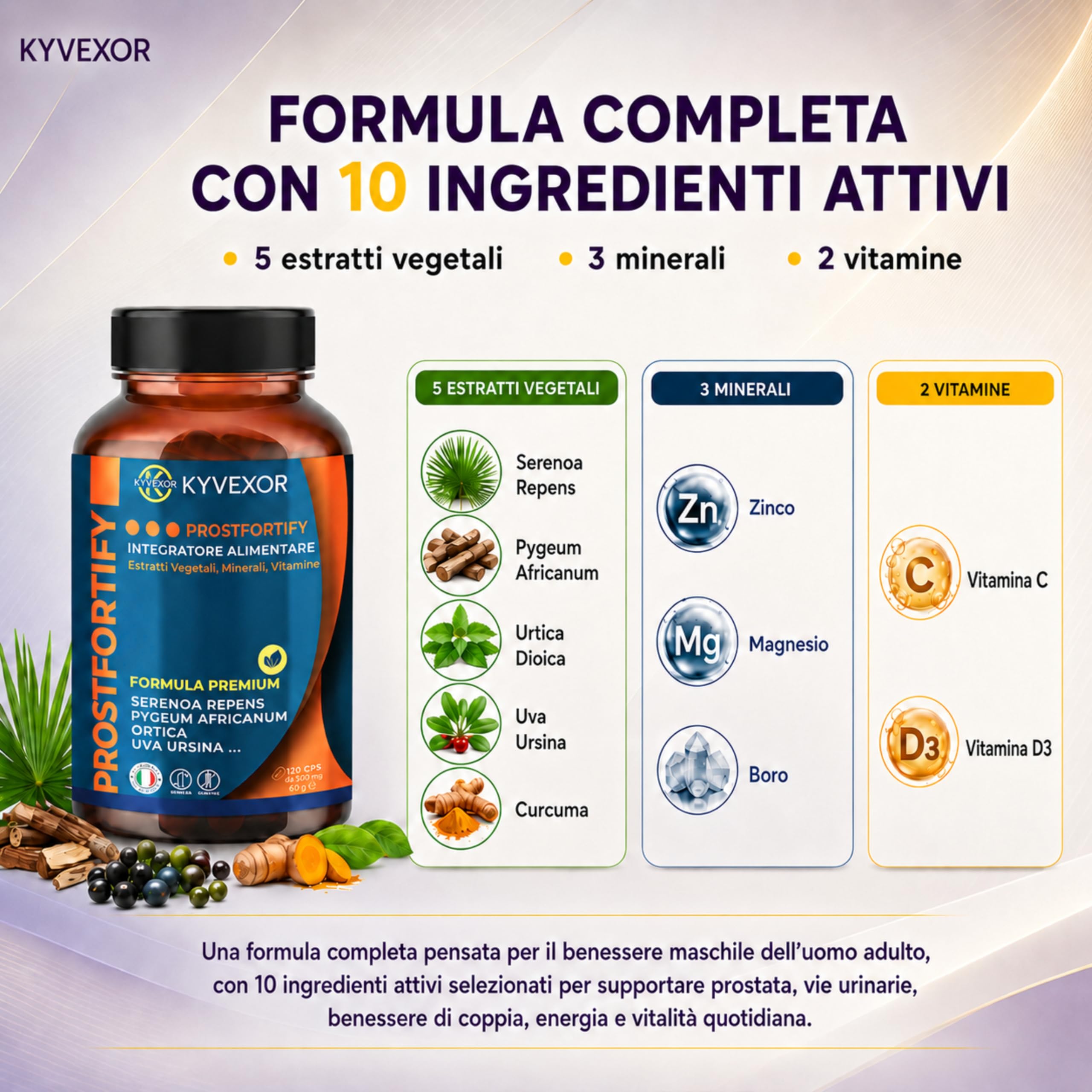 KYVEXOR ProstFortify Integratore Prostata Uomo 10 in 1 | Serenoa Repens/Saw Palmetto, Pygeum Africanum, Curcuma, Zinco, Vitamina C, D3 | Prostate Support, Benessere Prostatico e Vie Urinarie.