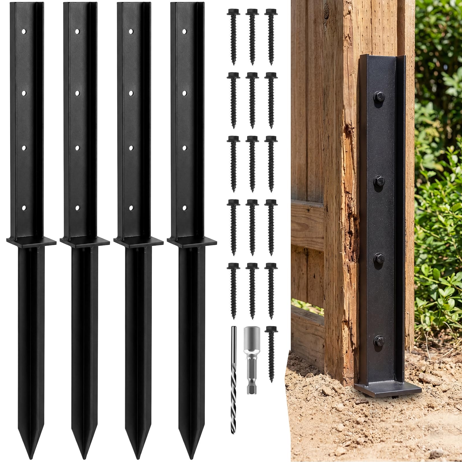Fence Post Repair Kit, 4 PCS 81 cm Heavy Duty One-Piece Steel Repair Stakes with Screws and Drill Bit for Broken, Leaning or Rotten Wooden Fence Posts