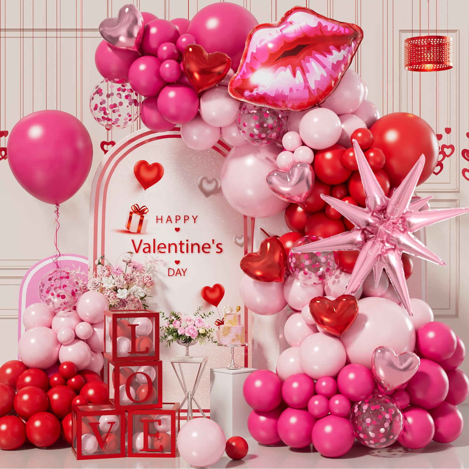 Bonropin 152pcs Valentines Day Balloon Arch Garland Kit with Hot Pink Red Pastel Pink Confetti Balloons Heart Lip Explosion Star Foil Balloon for Anniversary Wedding Romantic Bachelorette Decorations