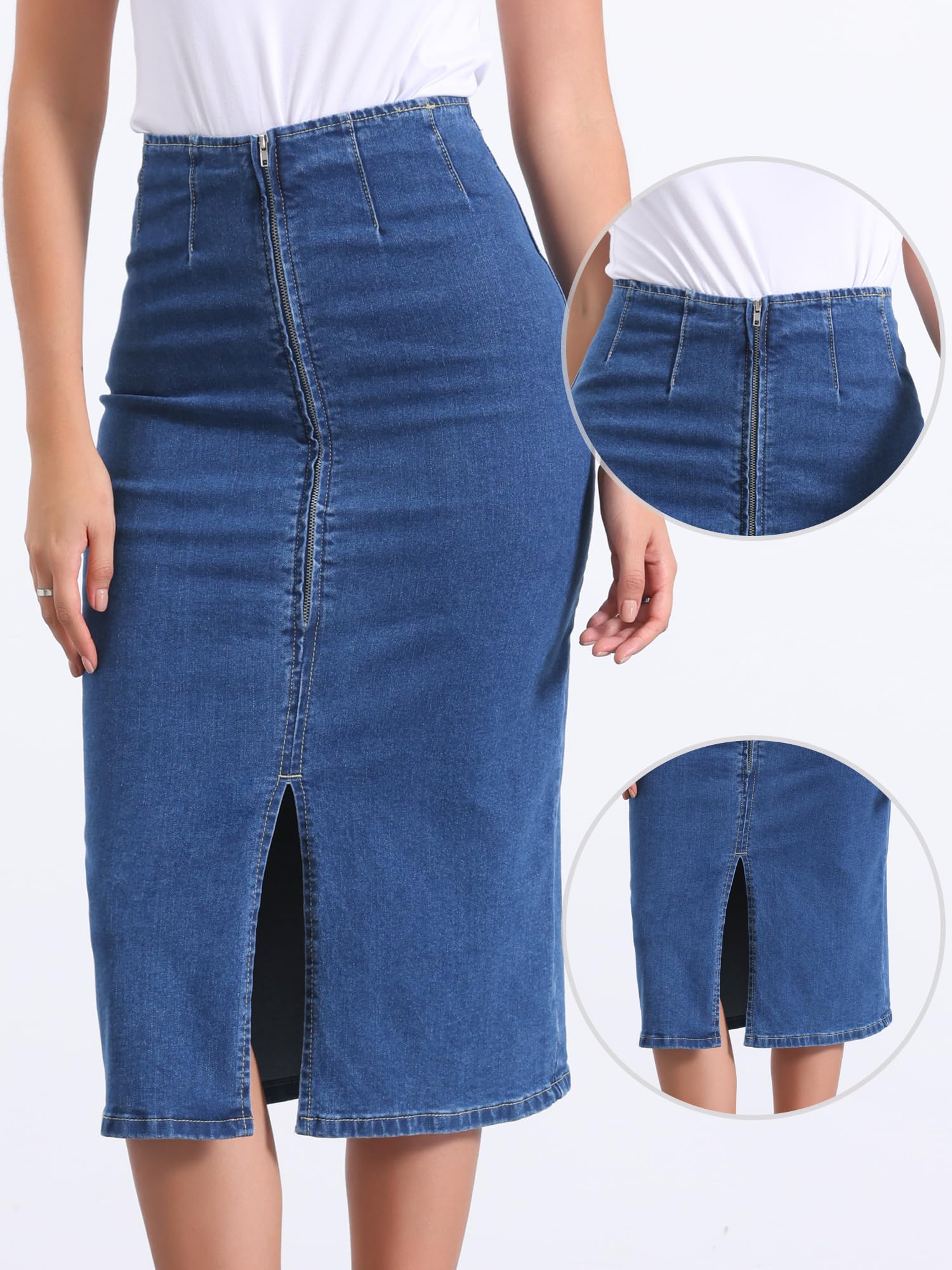 Allegra K Jupe Longue en Jean pour Femmes Fente sur Le Devant Fermeture Éclair Taille Haute Jupe Fendue Moulante