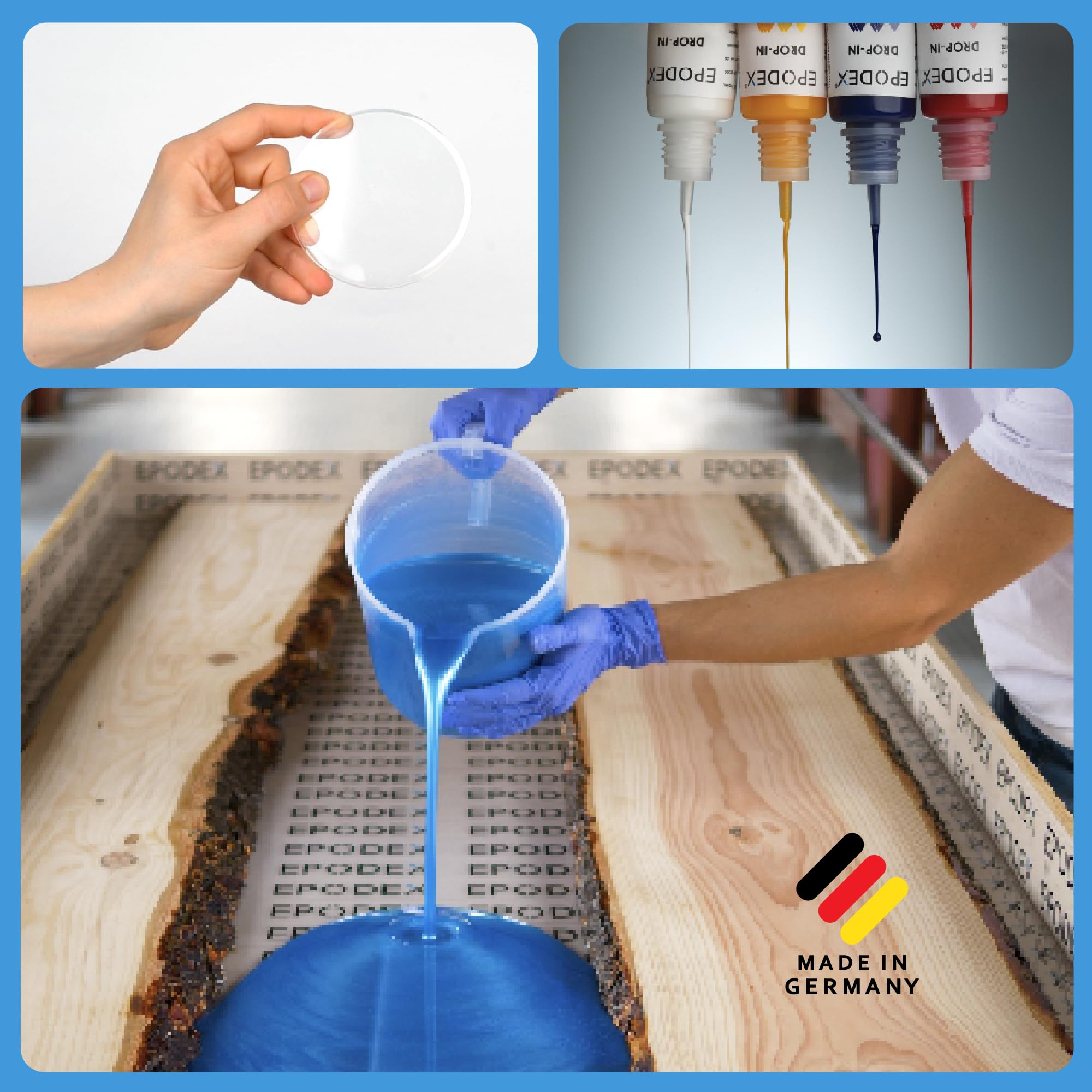 Kit résine époxy ECO+ EPODEX | Résine époxy transparente pour des coulées jusqu’à 5 cm | Kit de résine de coulée avec ou sans pigments de couleur | Pour table rivière, lampe, hautes coulées et plus