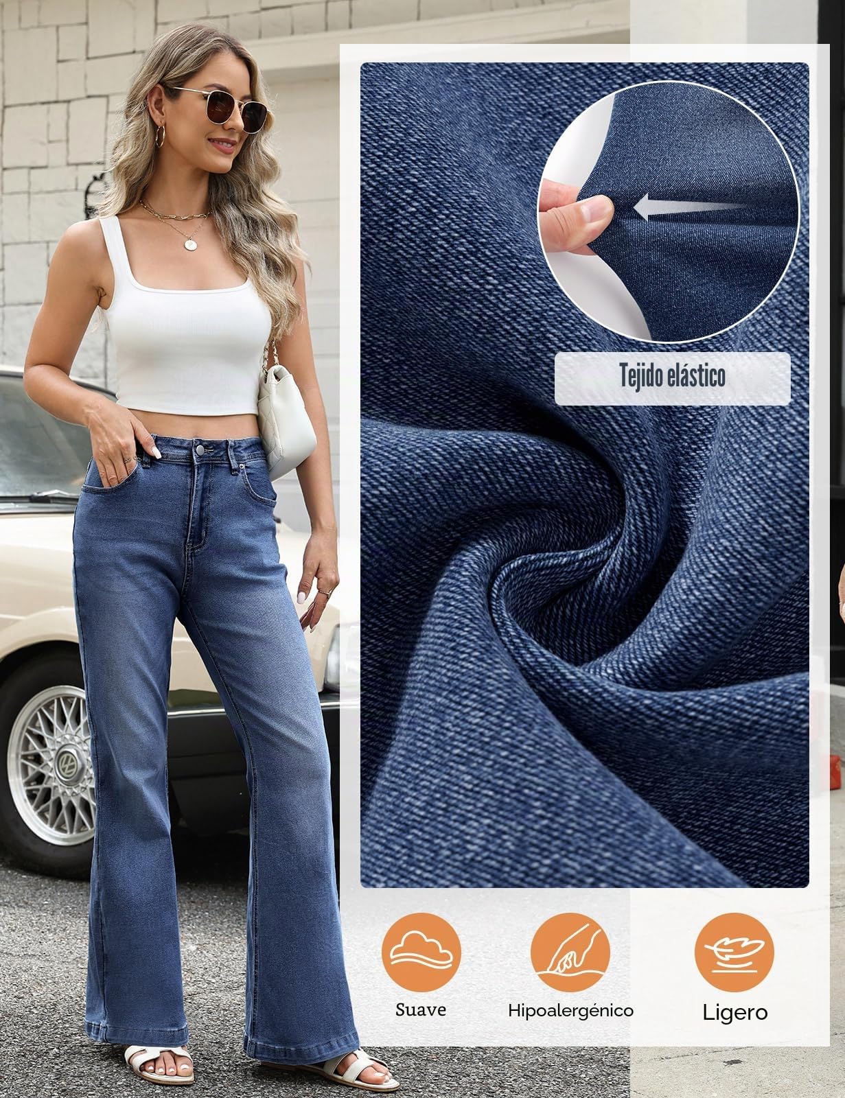 heekpek Vaqueros Elasticos Mujer Cintura Alta Pantalones Anchos Pantalon Campana Holgados Jeans Flare con Bolsillos