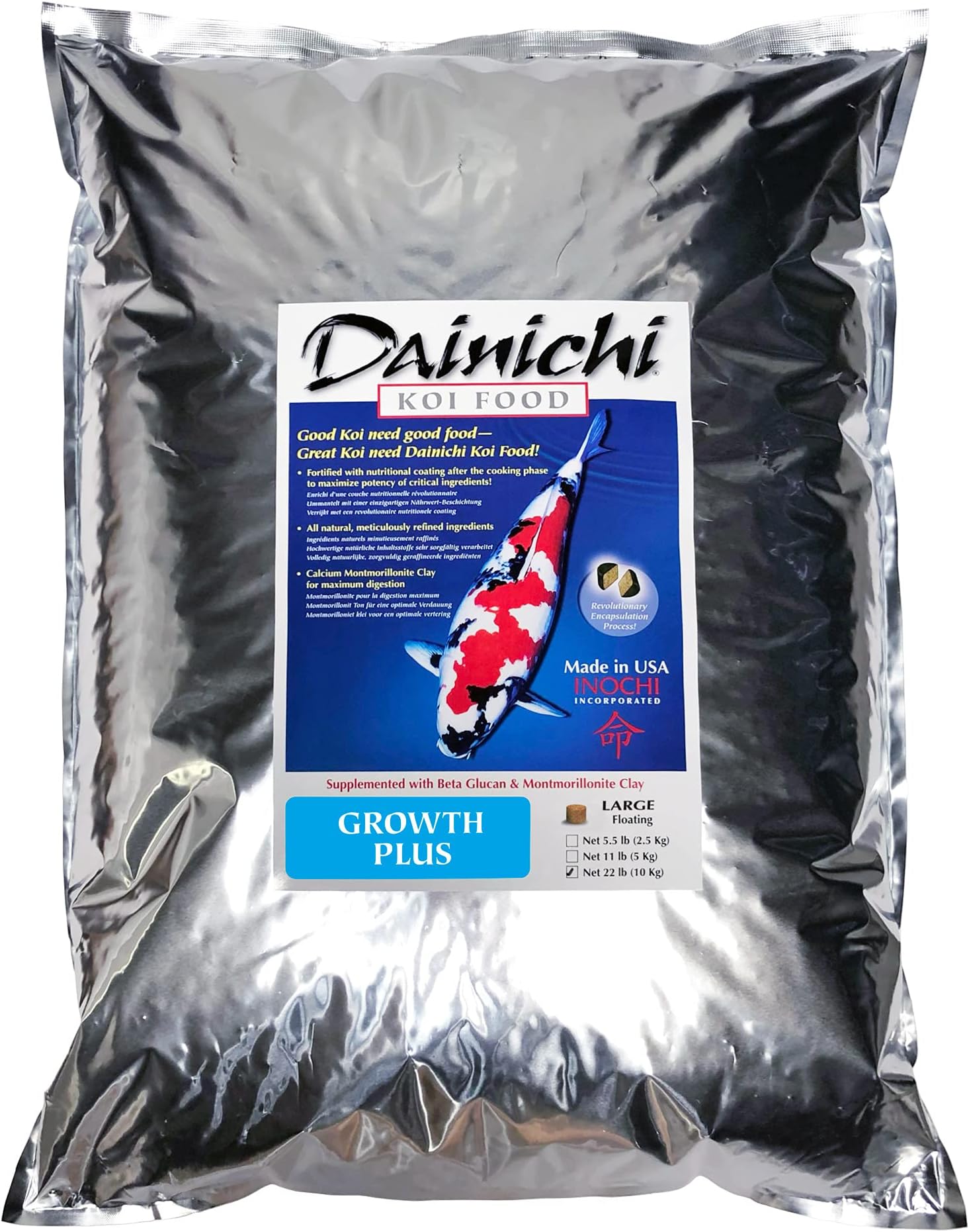 DainichiKoi Fish Food, Growth Plus 22 lbs - Medium Floating Pellets (5.5 mm) for Koi, Goldfish, and Other Pond Fish. Krill Coating. Maximizes Growth.