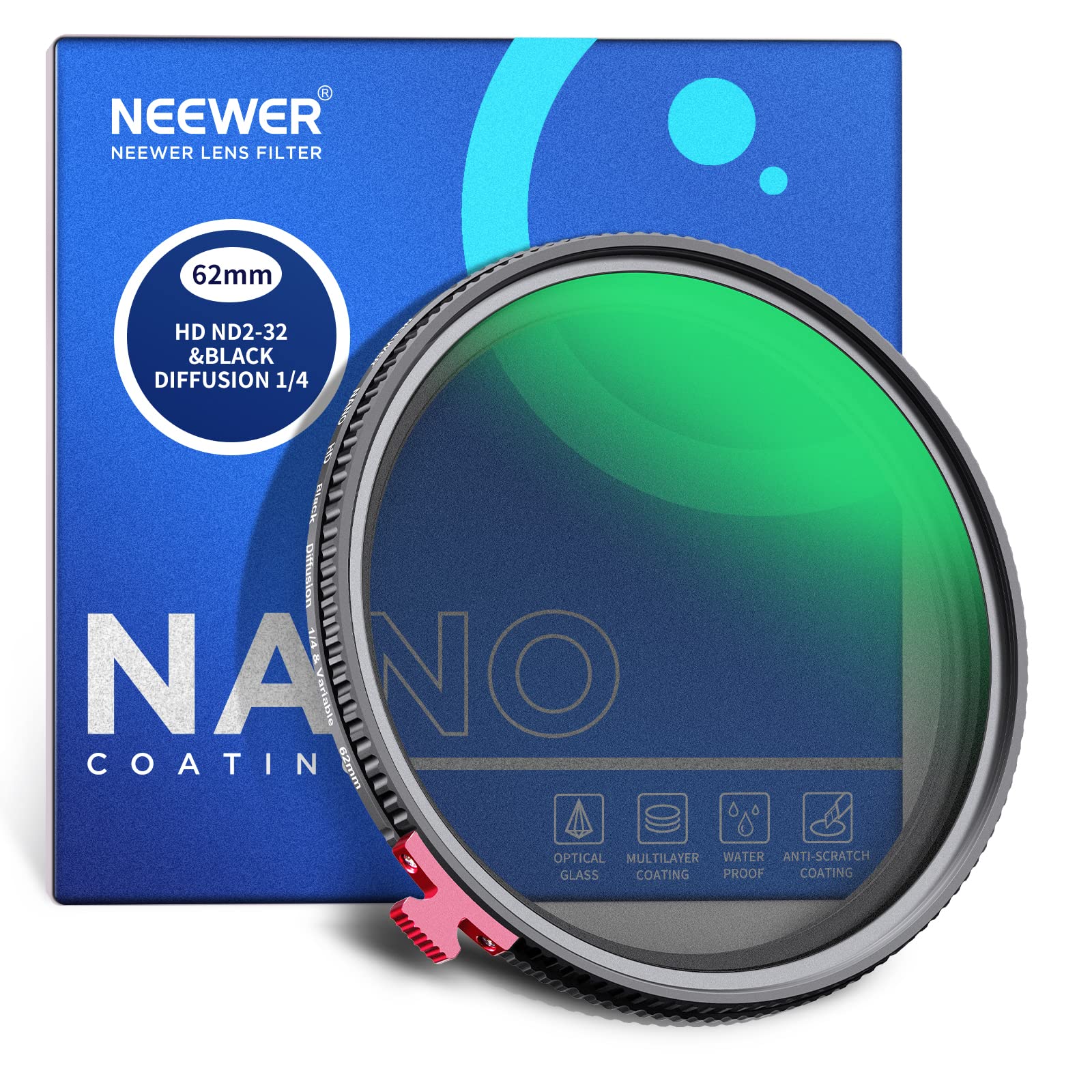 NEEWER 62mm Black Diffusion 1/4 Effect with ND2-ND32 Variable ND Filter 2 in 1, HD Neutral Density Filter with Dreamy Cinematic Features, Water