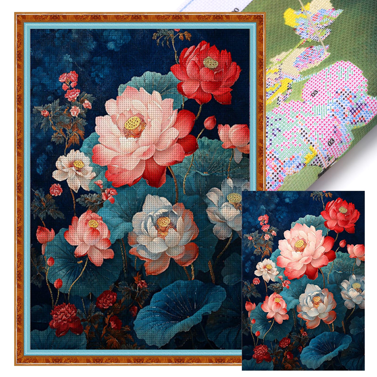 Poetrydraw Ink Lotus Bloom Full 11Ct 3 Strands Diy Stamped Embroidery Needlepoint Starter Kits Large Size 50X70cm Cross Stitch Art And Crafts Kits For Beginners Adults Home Decor (Ink Lotus Bloom)