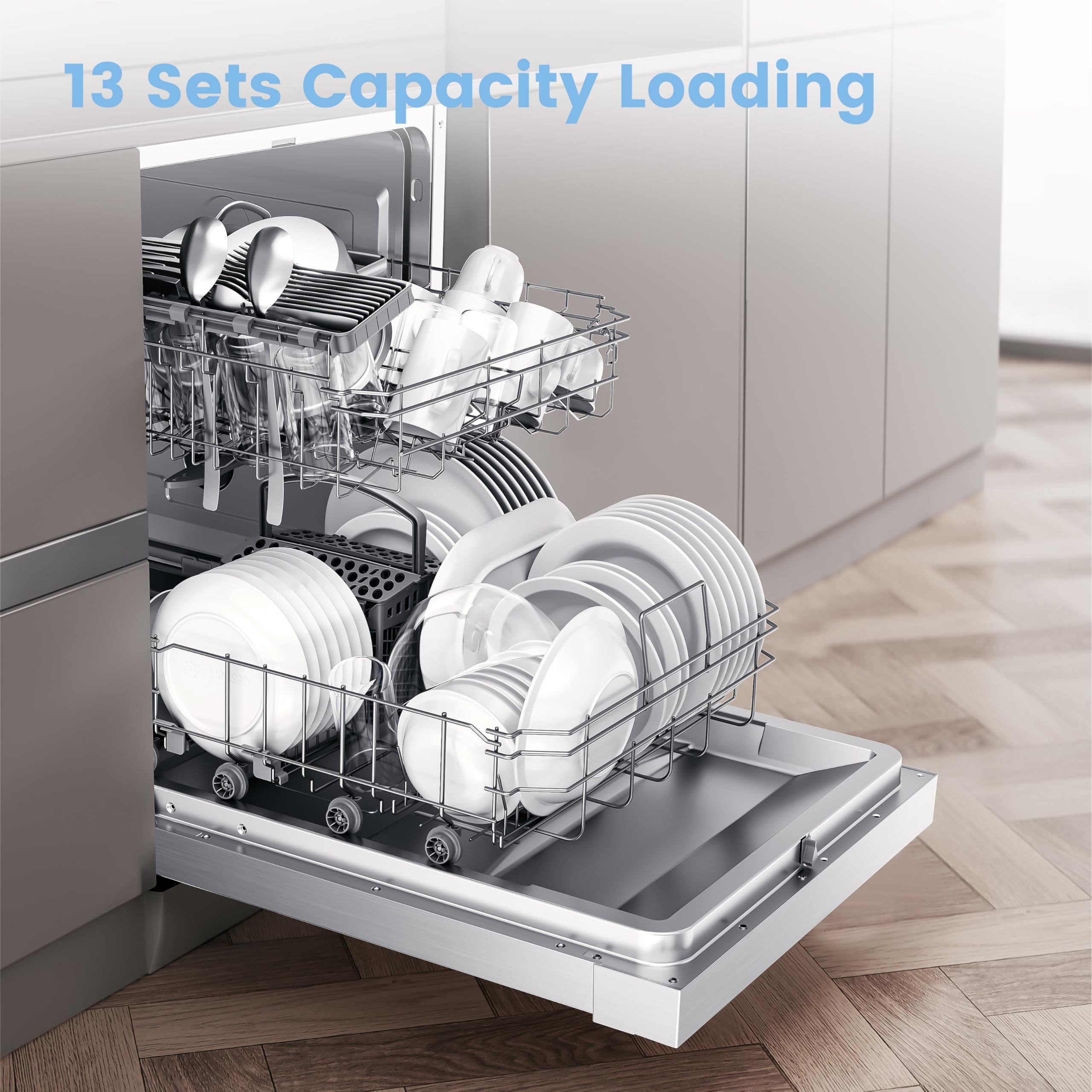 COMFEE' Dishwasher Freestanding with 13 Place Settings, New Upgraded Full Size Dishwasher 60cm Width, CDWPF1301PWD-UK, Auto Door Open Drying, Quick Wash, Hygiene Wash, Delay Start, Half Load -White — view 3
