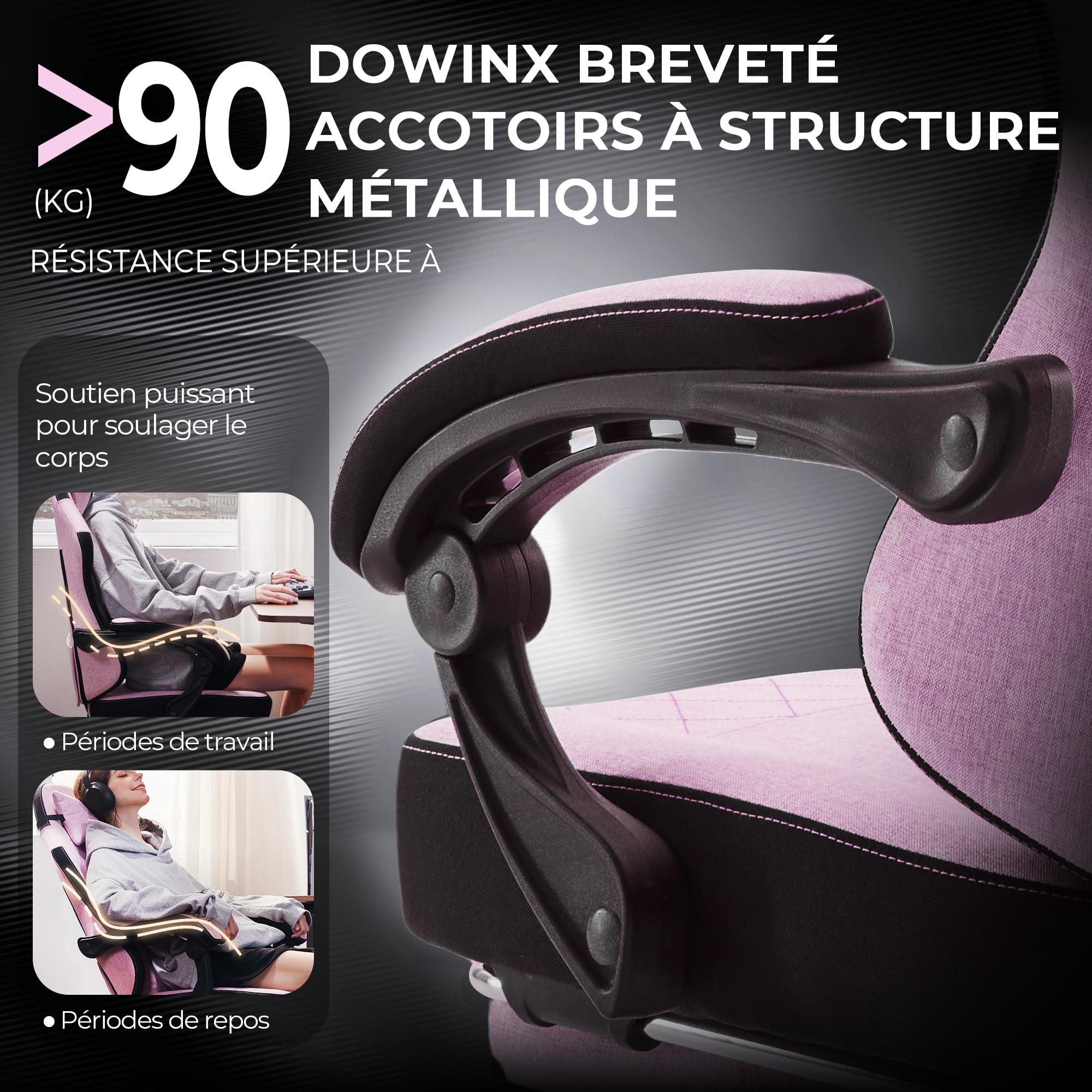 Dowinx Chaise de Gaming en Tissu avec Coussin de Printemps, Soutien Lombaire et Repose-Pieds pour Adultes, Fauteuil de Jeu Ergonomique, Grand et Haut, pour Jeux de Bureau, 135 kg, Rose