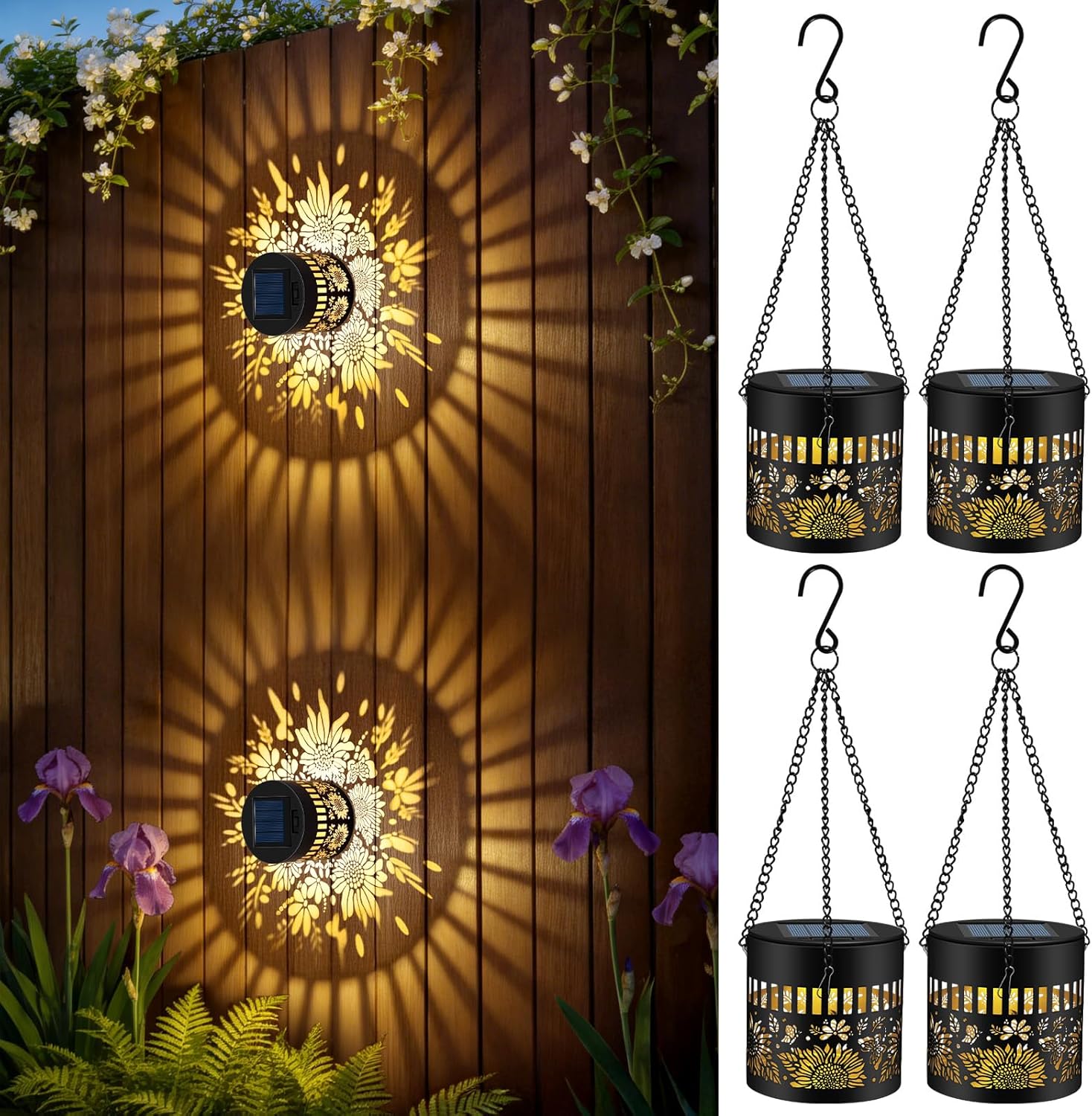 4 Pack Solar Lanterns Outdoor Waterproof, Sunflower Solar Garden Decor Gifts for Women Mom Grandma, Hanging Solar Fence Lights Metal Decorations Outside for Yard, Patio, Backyard, Porch