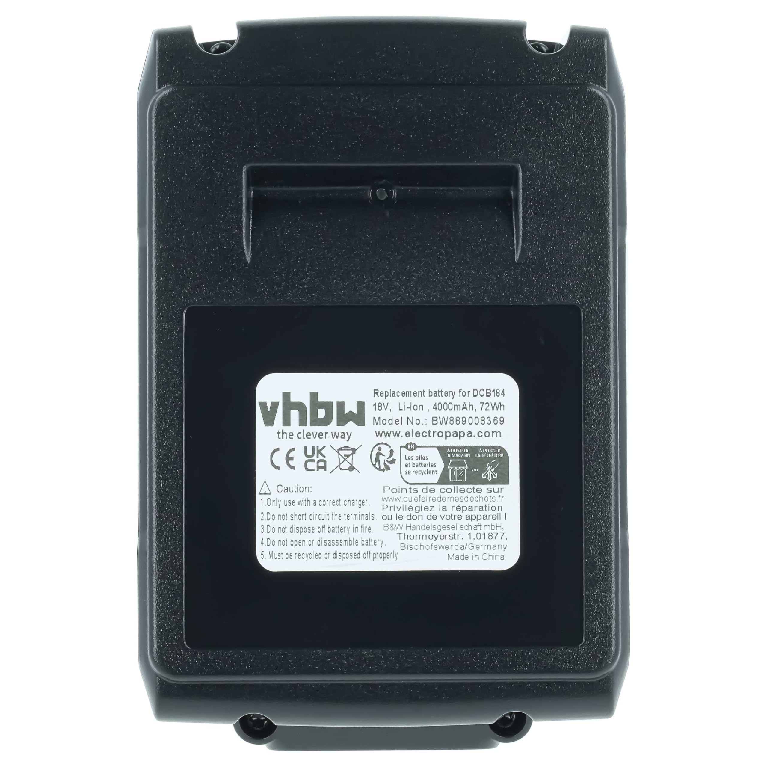 vhbw Bateria kompatybilna z Dewalt DCS355N-XJ, DCS355N, DCS350N-XJ, DCS355, DCS361 narzędzie (4000 mAh, Li-Ion, 18 V), 1x USB-C