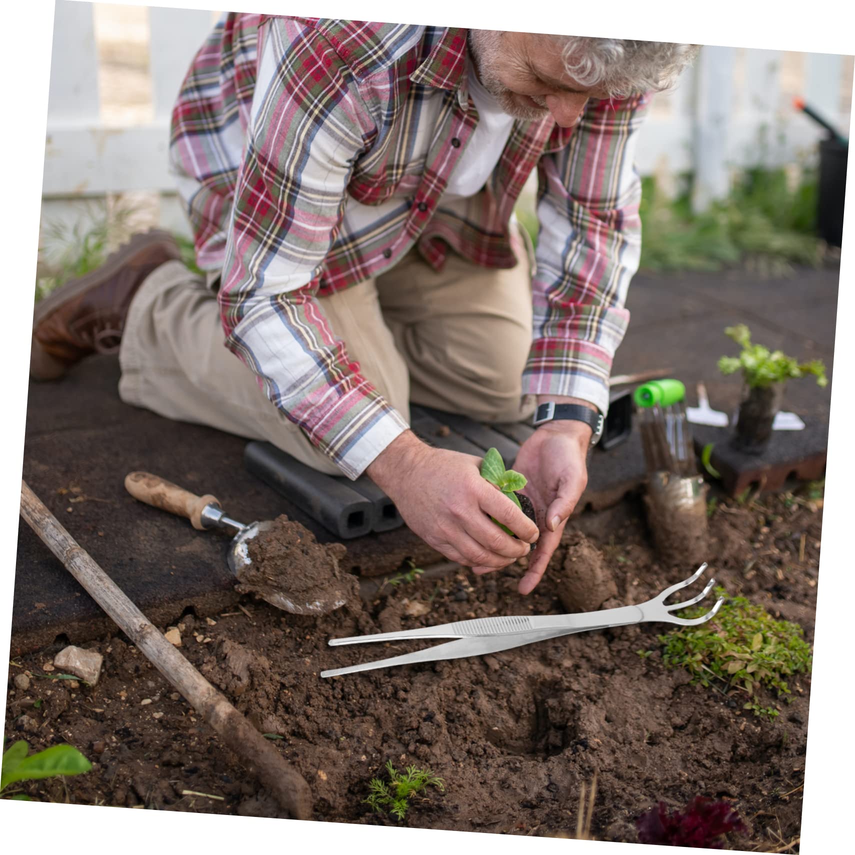 Sosoport 2sets Pinzette e Rastrello Inossidabile Per Bonsai Per Giardinaggio Per Raccogliere e