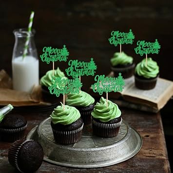 24 Pack Christmas Cupcake Toppers - Merry Christmas & Holiday Cupcake Picks - Boy Girl Baby Shower Birthday Party Cake Decorations - Green