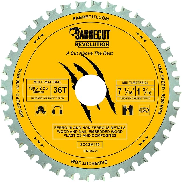 1 x SabreCut SCCSM180_36 180mm 36T x 30mm 25.4mm 20mm 16mm Bore Multi-Material Metal Wood Plastic Circular Saw Blade Compatible with Bosch Dewalt Makita Milwaukee and Many Others