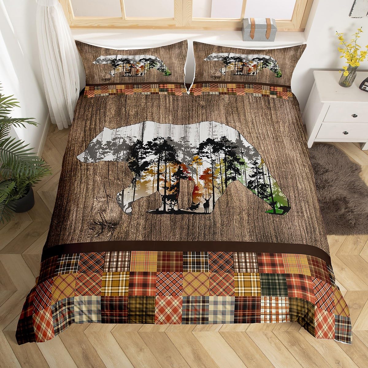 Boho Bear Bedding Set Double Size, Rustic Cabin Lodge Bear Moose Comforter Cover for Boys Girls Western Farmhouse Bear Duvet Cover Wild Animal Bedspread Cover Decorative 3Pcs With 2 Pillow Case