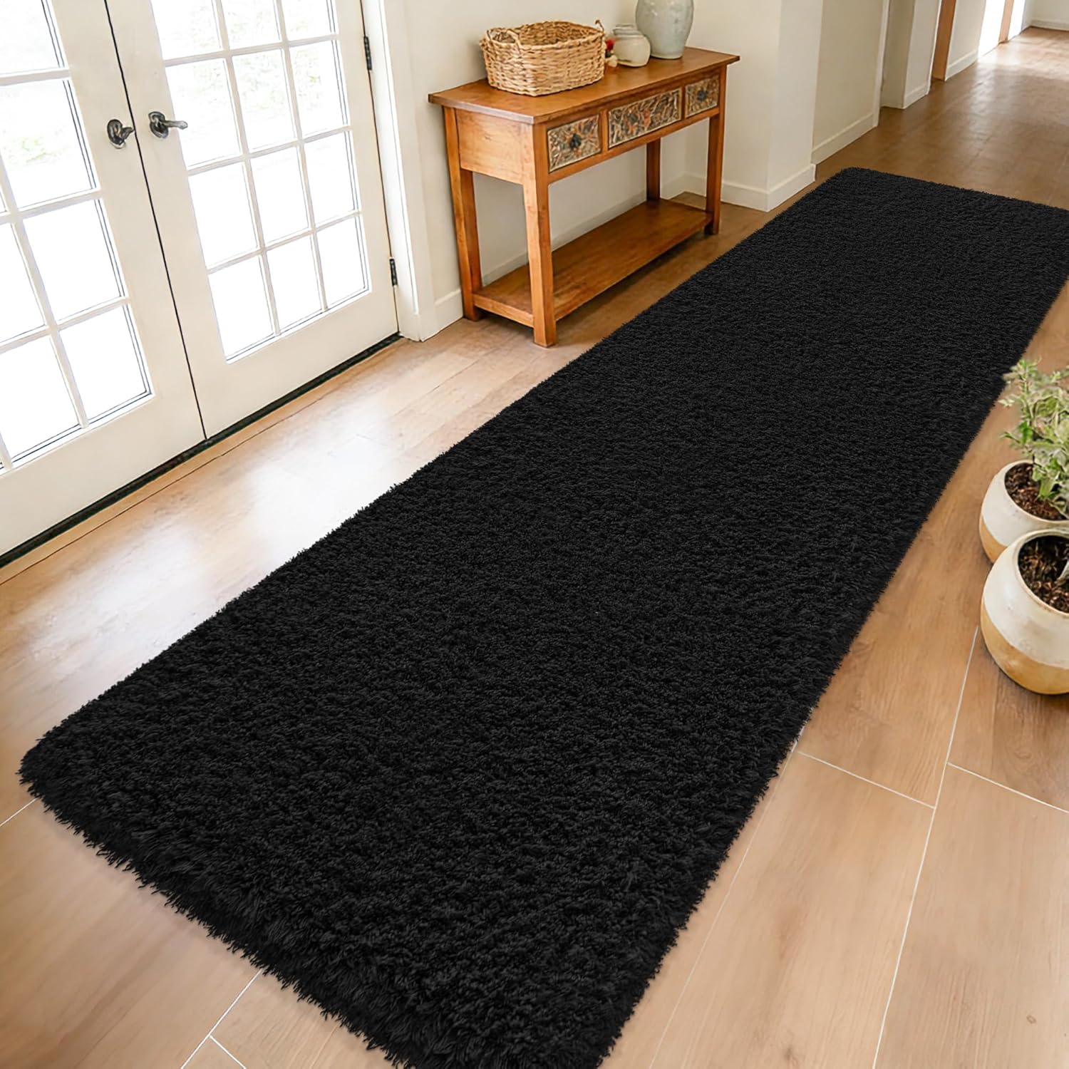 Soft Runner Rugs for Bedroom Black Shag Runner 2x10 Ft Hallway Runner Plush Shaggy Carpet Non Slip for Bedside Sofa Living Room Dorm