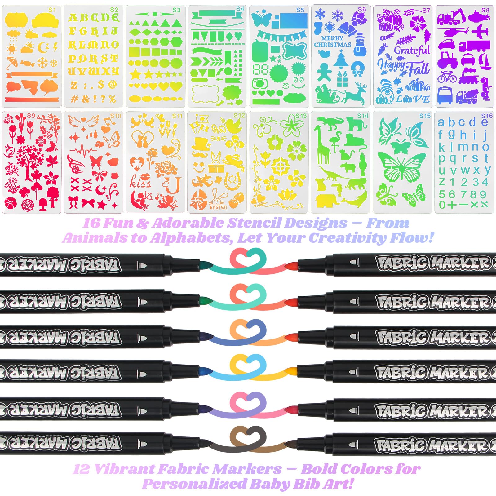 16 baberos para pintar, baberos blancos con 16 plantillas y 12 lápices textiles, impermeables, 100% algodón, pañuelo para el cuello para baby shower, juegos para niños y niñas