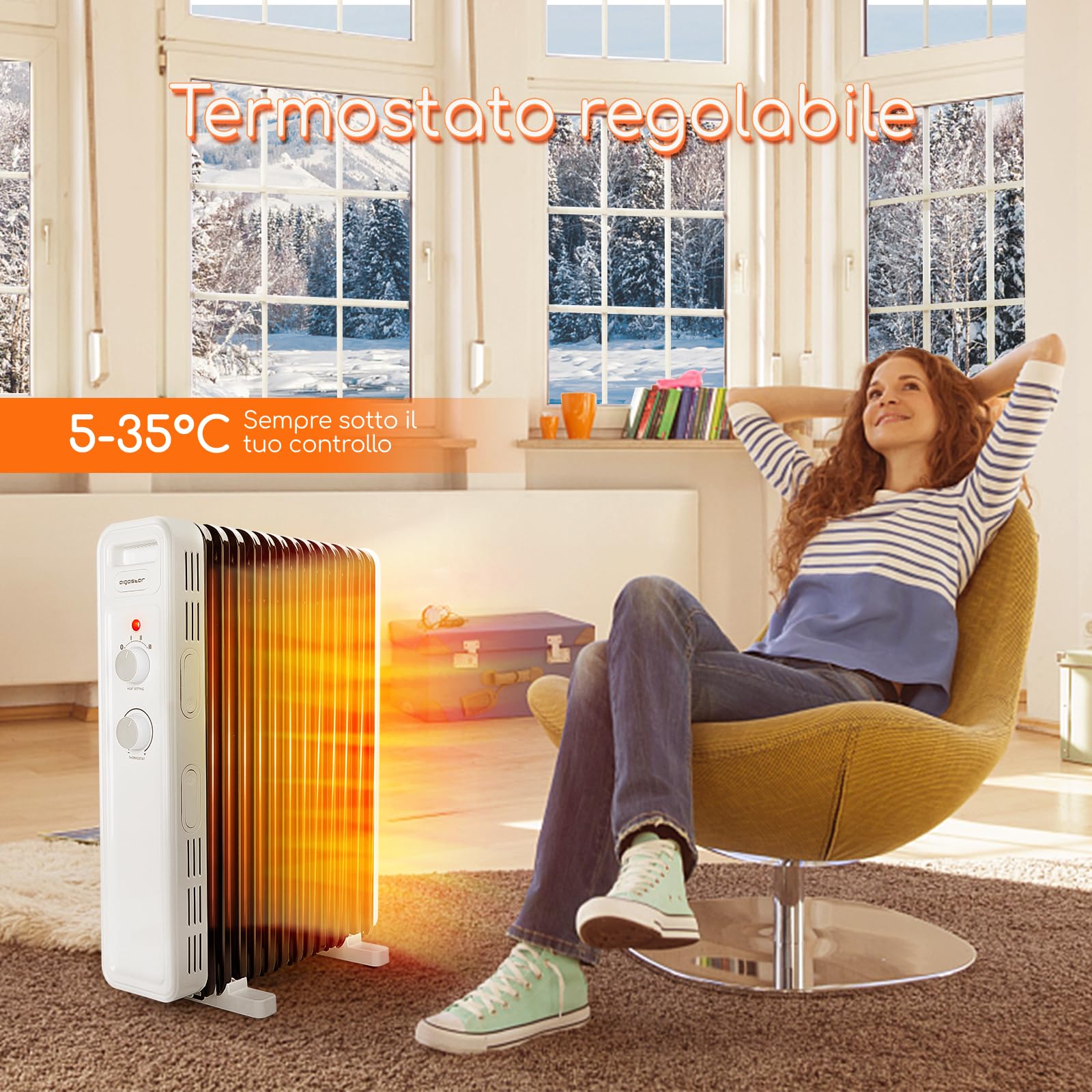 Aigostar Hubery - Radiatore ad olio portatile da 2500W. Radiatore elettrico 13 elementi, 3 livelli di riscaldamento, termostato regolabile e protezione a funzione di spegnimento
