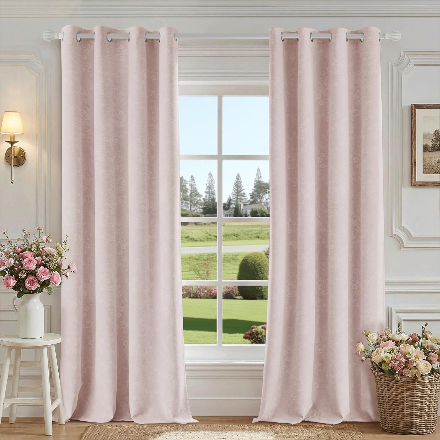 Beauoop Pink Floral Jacquard Blackout Curtains 96 Inches Long 2 Panels for Living Room Bedroom Chenille Flower Room Darkening Thermal Insulated Soundproof Grommet Window Drapes, 52x96 Set of 2