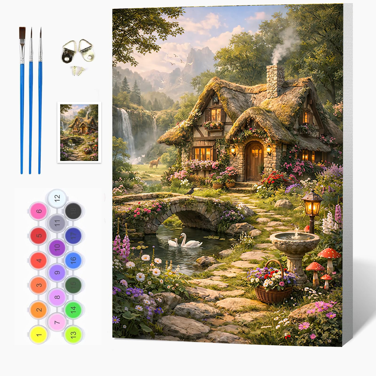 Auremi Village Paint by Numbers Kits for Adults Kids,Landscape Painting Kits for Beginners On Clear Symbols Canvas with Wooden Framed, Easy DIY Acrylic Pigment Drawing 20x30cm
