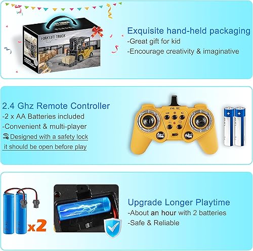 Miniatura 5 de Carretilla elevadora a control remoto, 2 en 1, horquilla y gancho de elevación transformable, juguete de carretilla elevadora para niños, carretilla