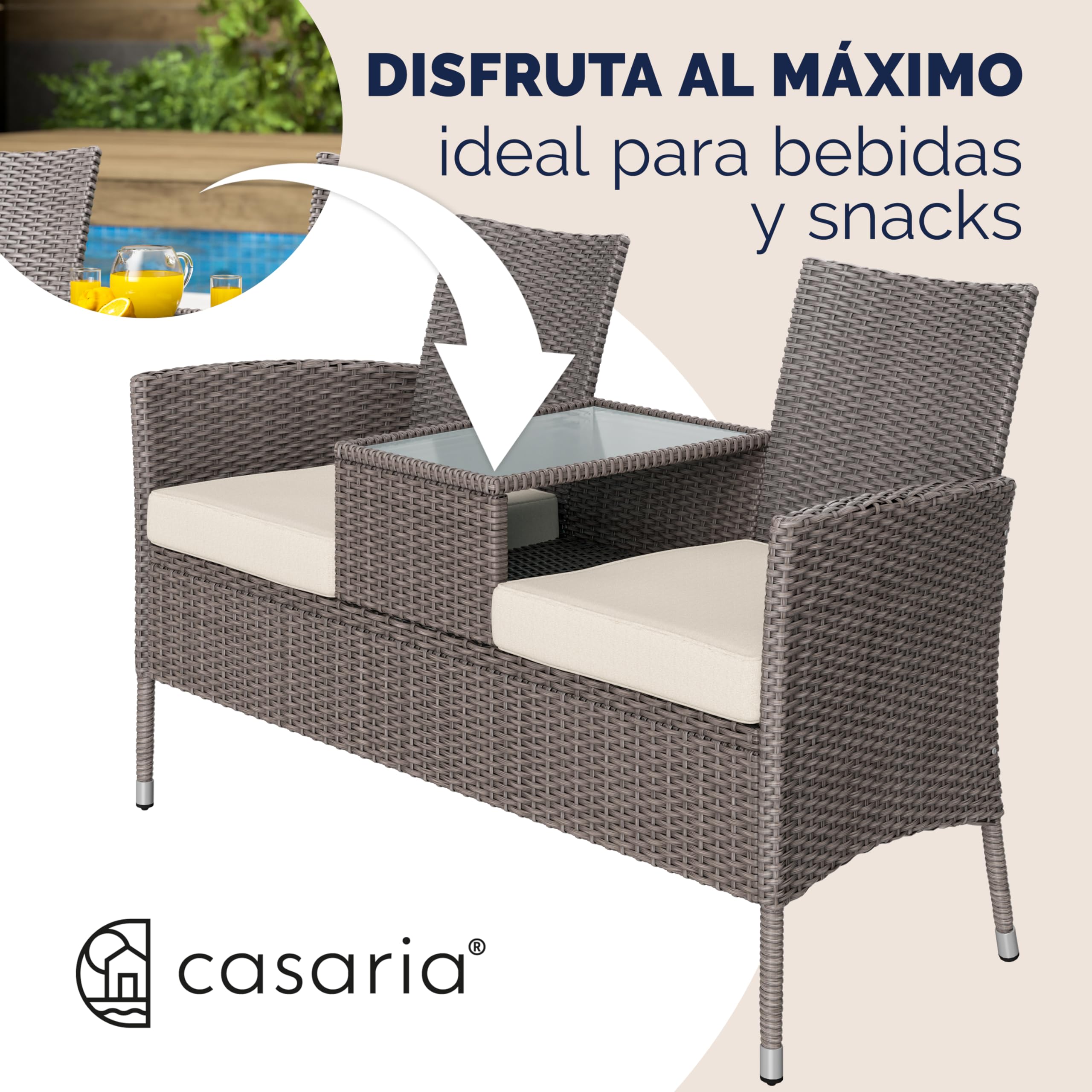 CASARIA® Banco Terraza Exterior 2 Asientos Poliratán hasta 320Kg Mesa Cristal con Cojines Estante Resistente Intemperie 145x58cm Crema