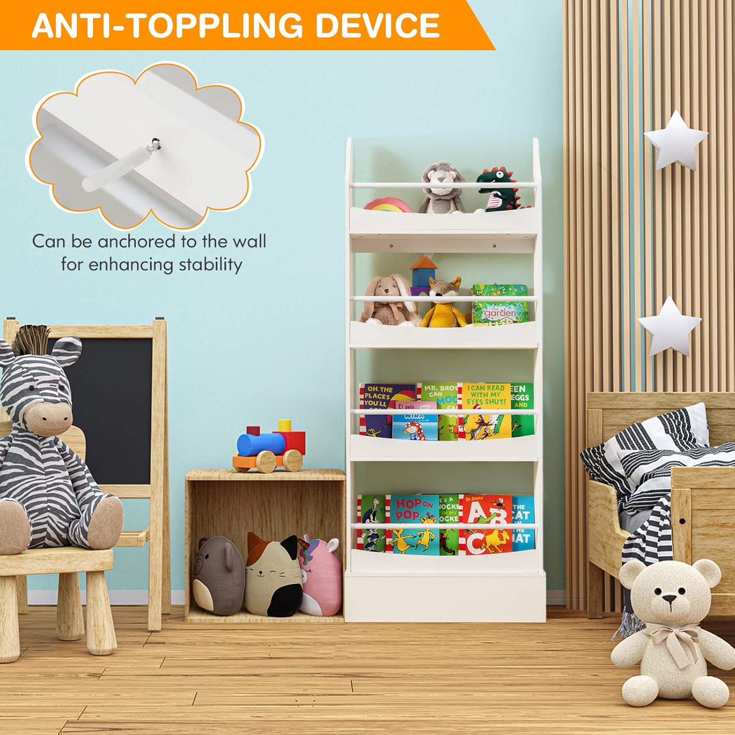 Costzon Wall-Mounted Kids Bookshelf, 4-Tier Wooden Book Shelf Organizer for Books and Toys, Toddler Space-Saving Bookcase Toy Rack for Bedroom, Living Room, Nursery, Playroom (White)