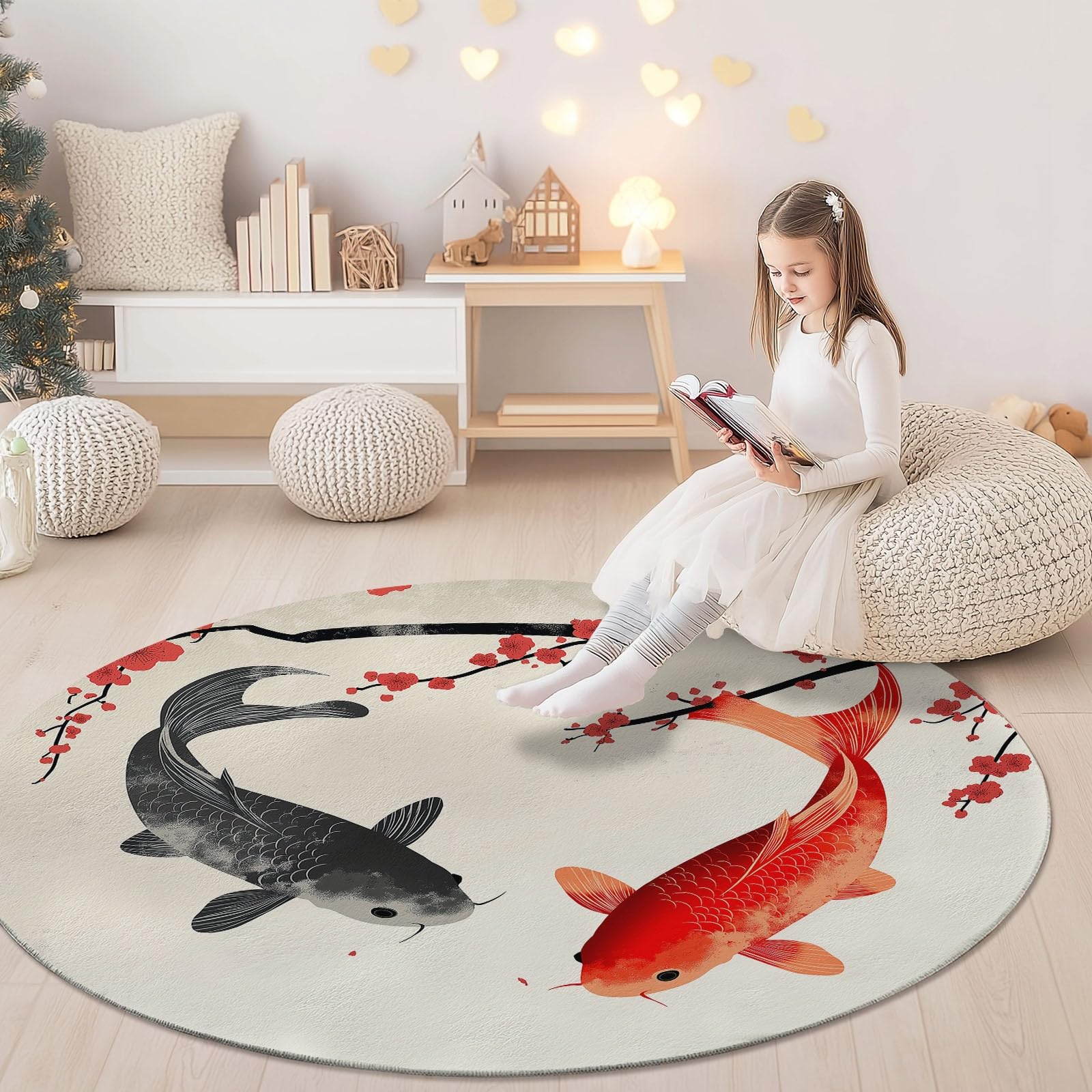 Tappeto rotondo da 210 cm, con stampa di fiori di prugna koi orientali, moderno, antiscivolo, colorato in flanella, lavabile, morbido, per stanza dei giochi, camera dei giochi, camera da letto