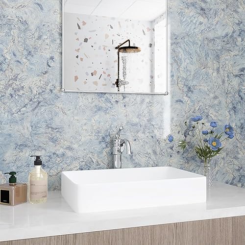 Miniatura 6 de VEELIKE Papel de contacto de mármol azul crema para encimeras, impermeable, para despegar y pegar, papel tapiz de mármol brillante para cocina, 15.7