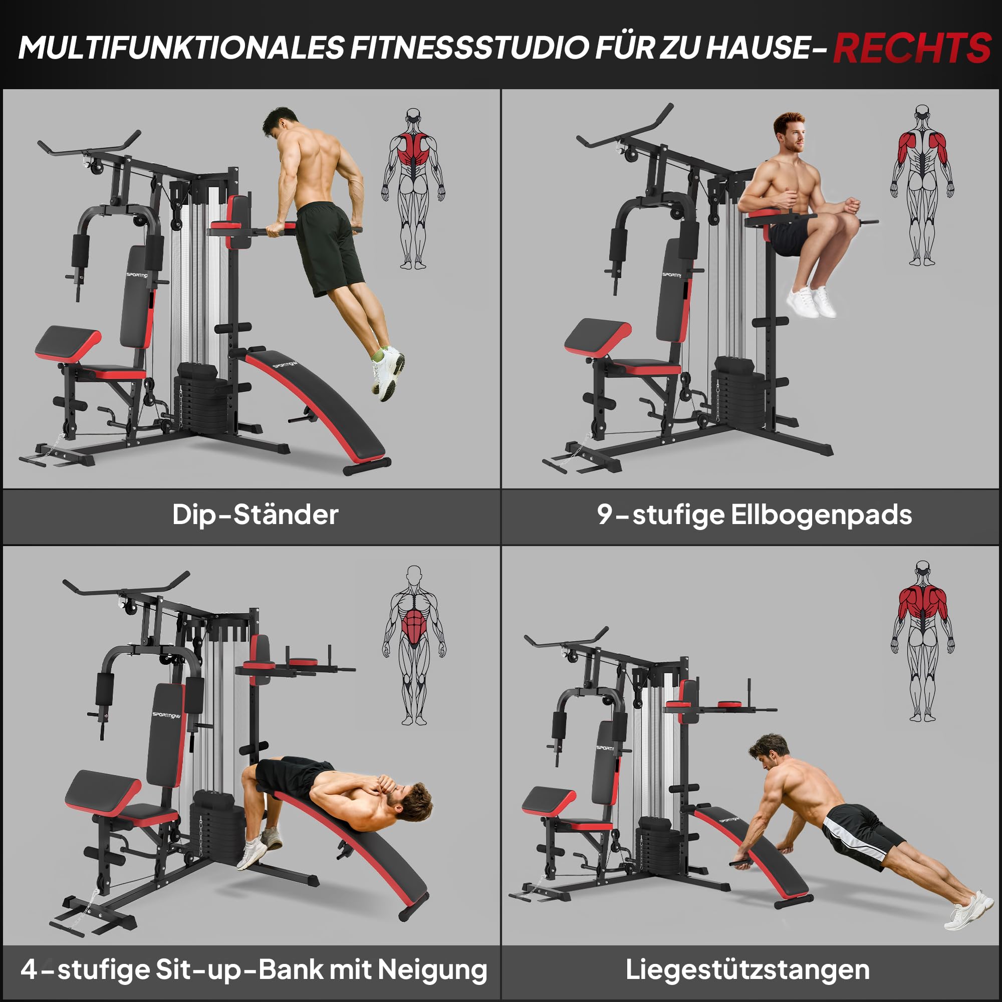 SPORTNOW Stacja siłowa, wielofunkcyjna stacja fitness z drążkiem butterfly i ściągania górnego, curler, prasa piersiowa, ławka do brzuszków, urządzenie fitness z blokami obciążeniowymi 65 kg, osłona