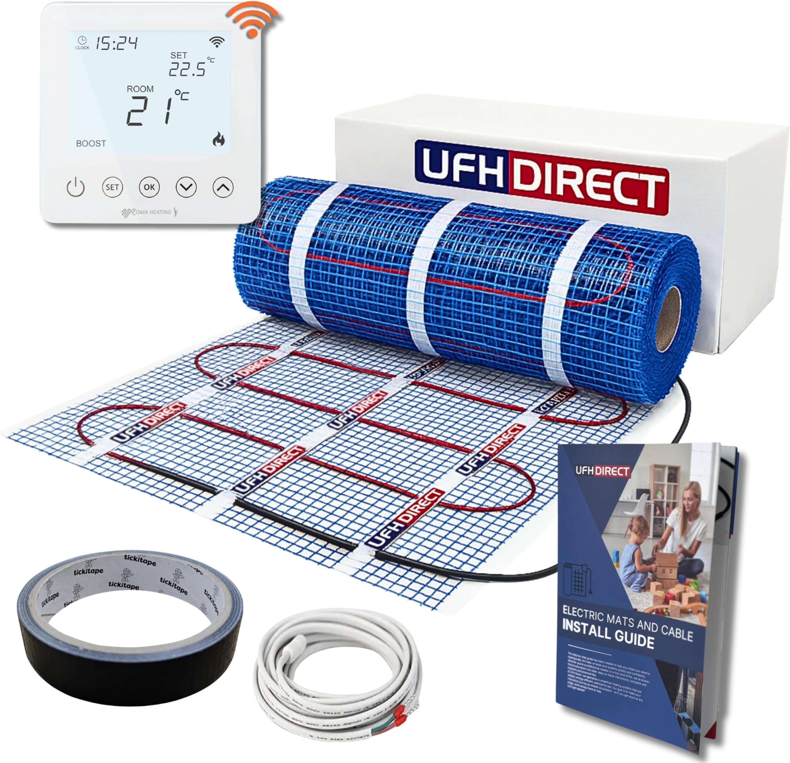 Professional Electric Underfloor Heating mat kit 200w per m² - Lifetime Warranty - Ultra-Thin PTFE Cable, Self-Adhesive Mesh - Choose Thermostat with Floor Probe