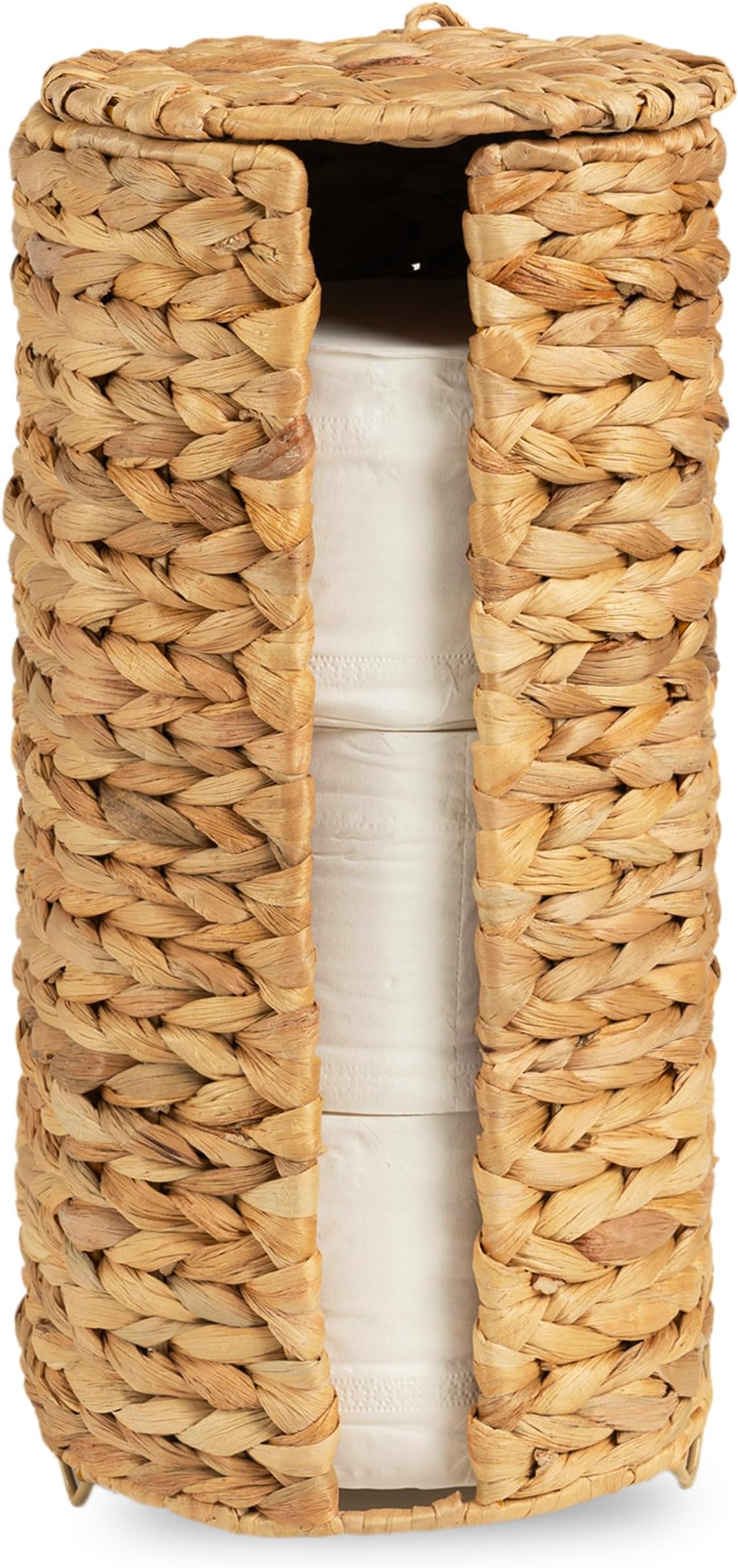 Rattan Toilet Paper Stand with Lid - 3 Roll Tissue Reserve Holder, Free Standing Wicker Organizer for Bathroom (Yellow)