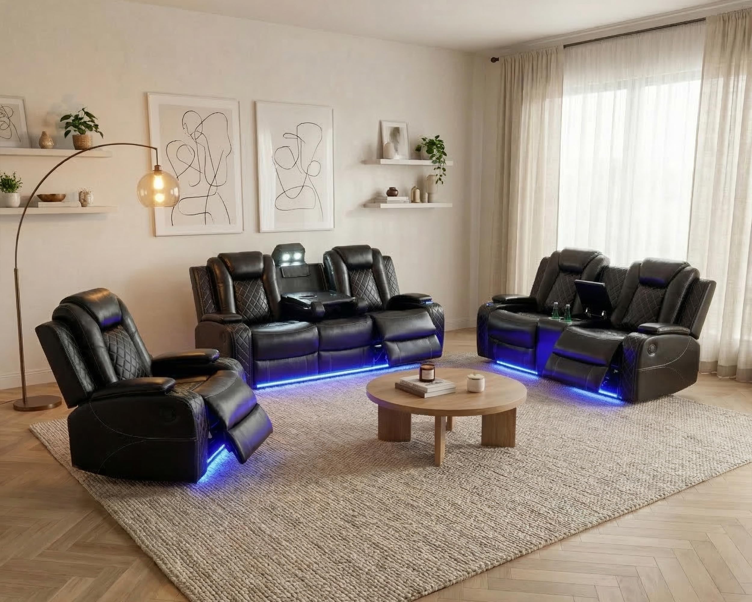 Power Recliner Sofa Set with LED, Breathing Leather Sofa Set for Living Room, Reclining Couch Loveseat Chair Living Room Furniture with USB Port/Cup Holders/Storage (Black)